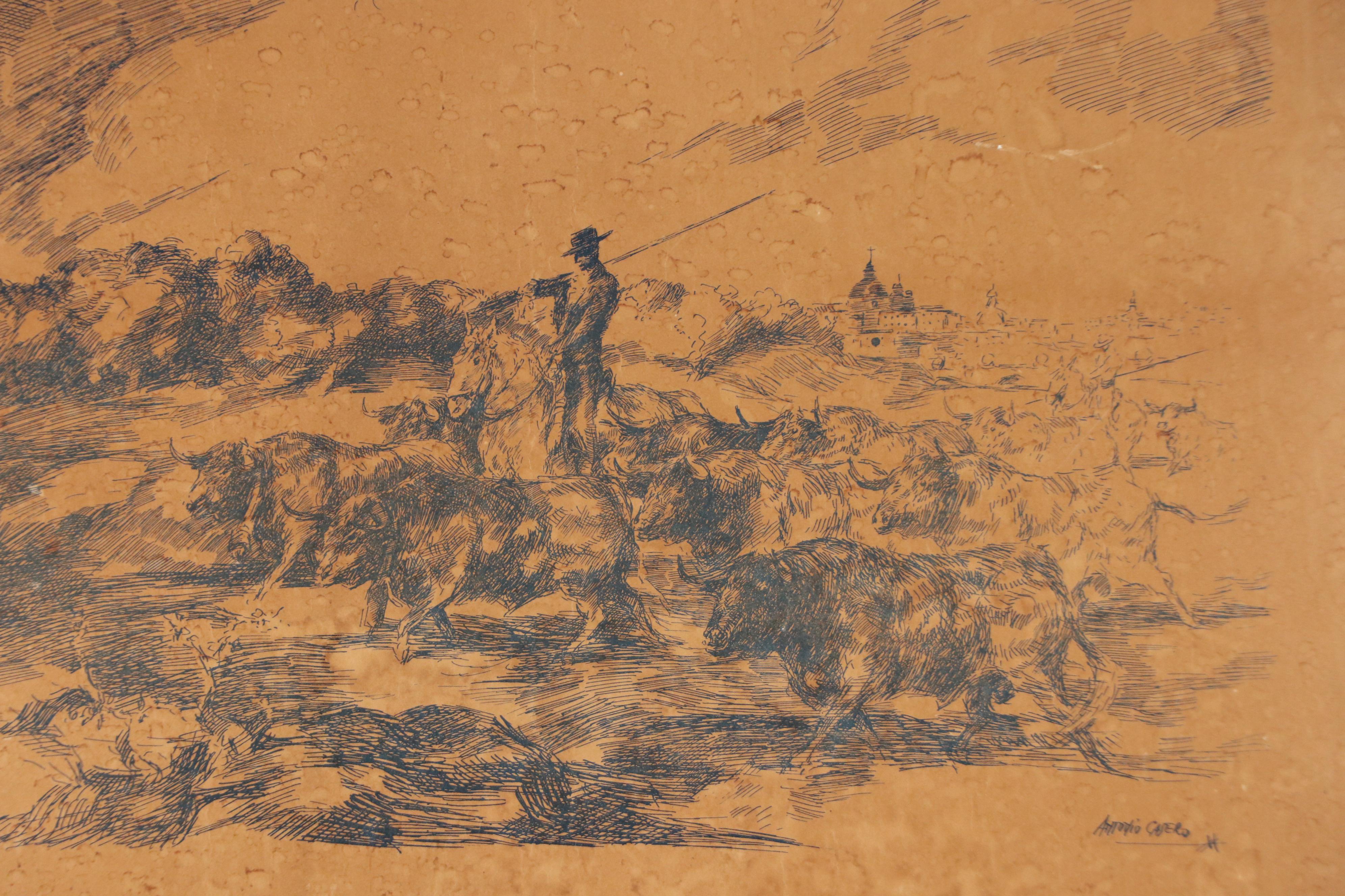 Bullfighting Tournament Lithograph "Plaza de Tientas" After Antonio Cajero