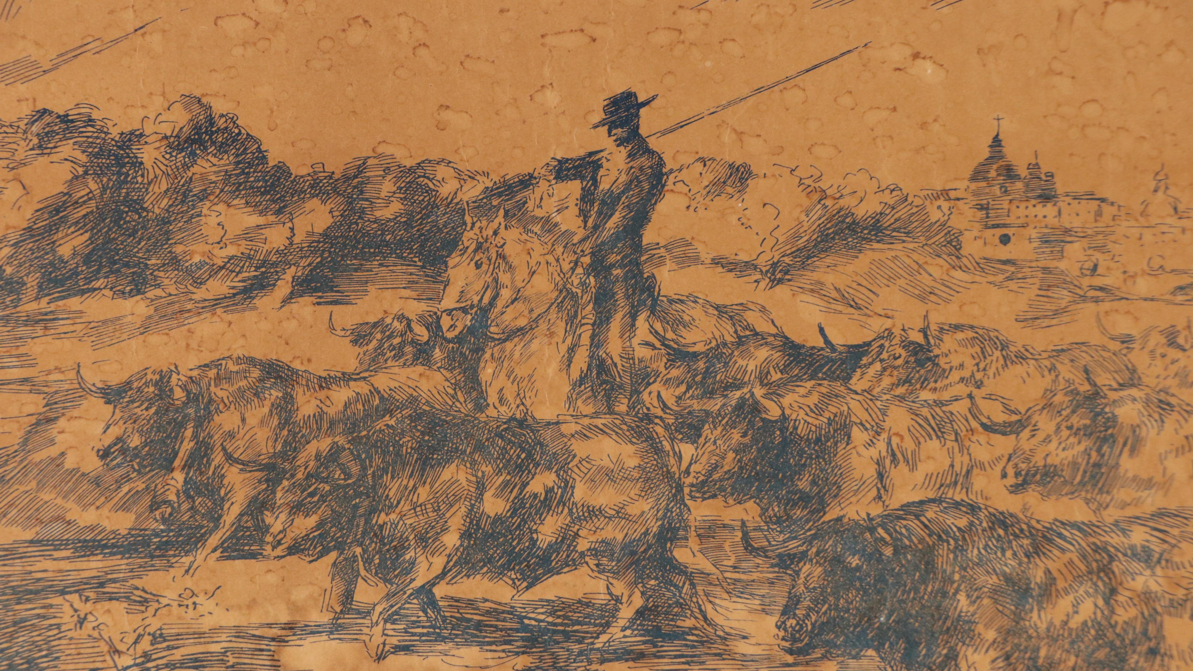 Bullfighting Tournament Lithograph "Plaza de Tientas" After Antonio Cajero