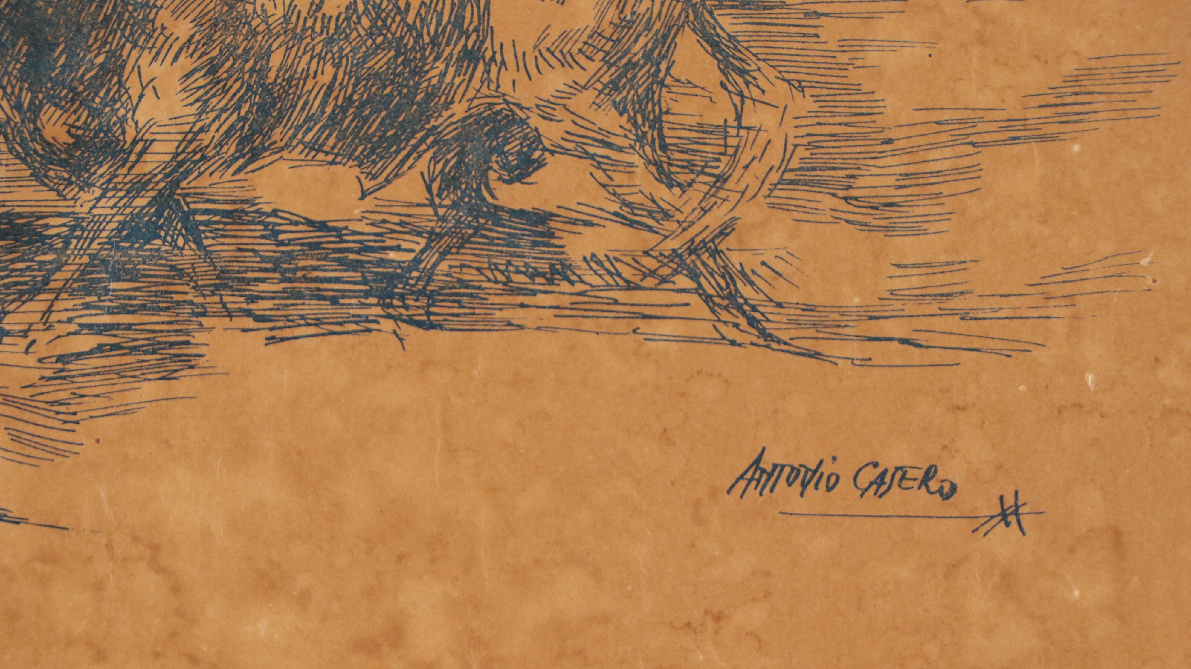 Bullfighting Tournament Lithograph "Plaza de Tientas" After Antonio Cajero