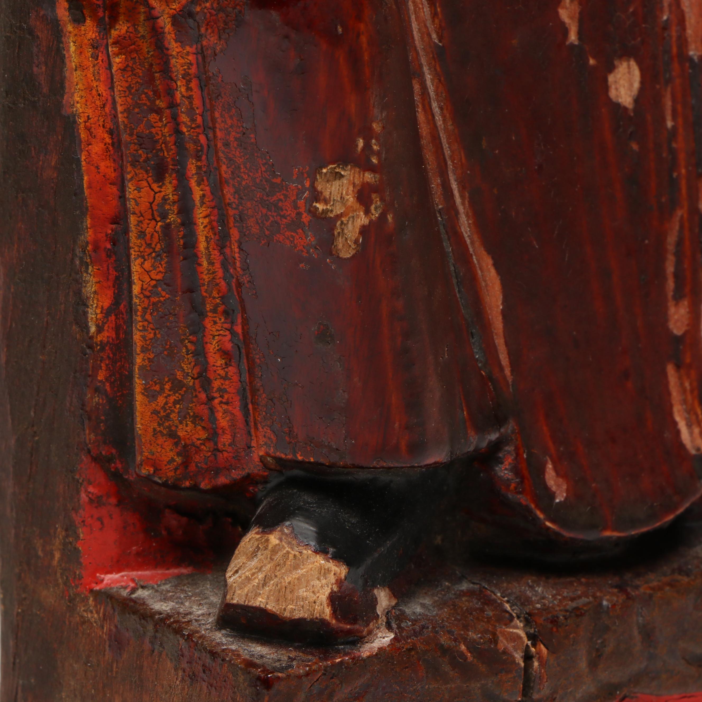 Antique/Vintage Chinese Red Lacquered and Gilt Carved Taoist Deity