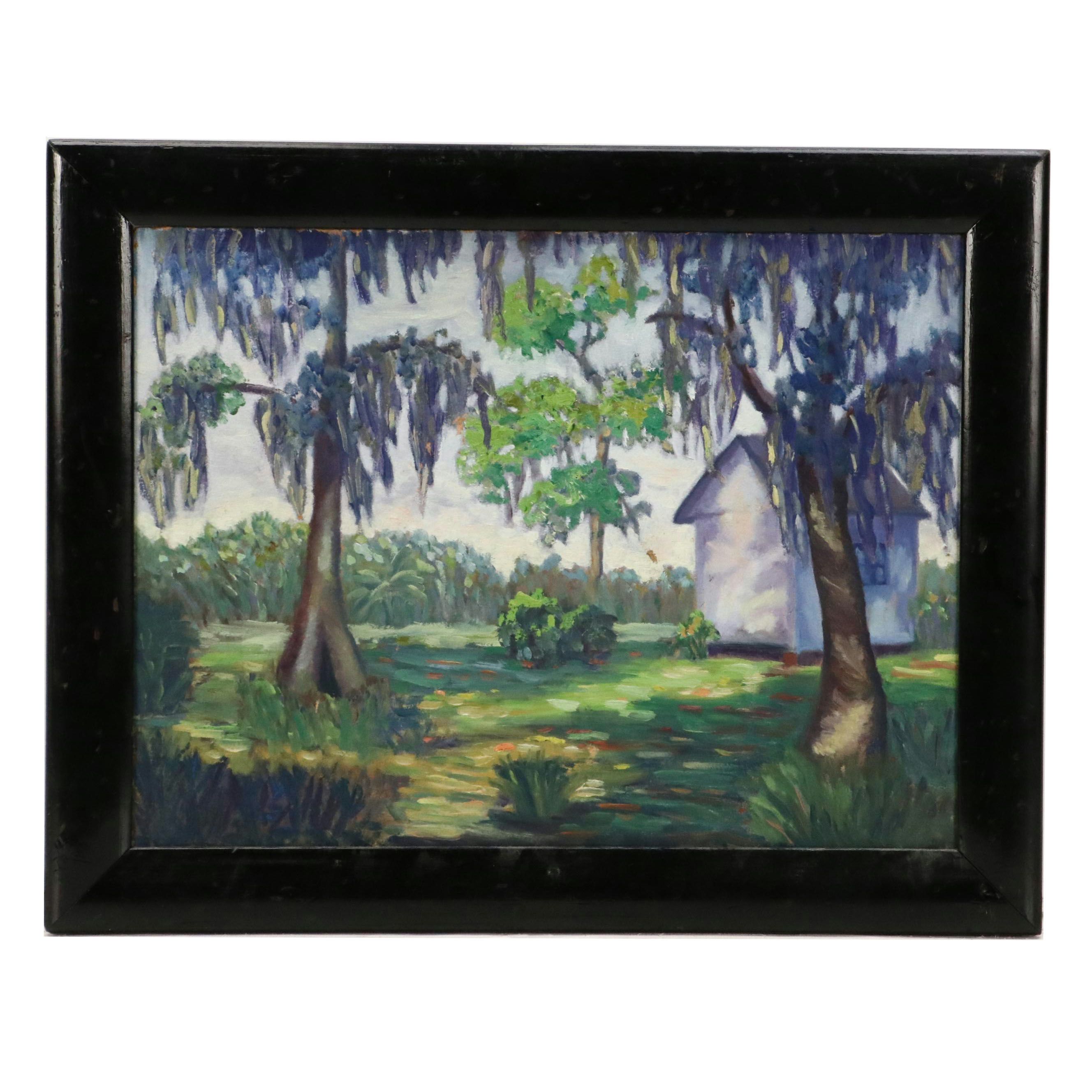 Impressionistic Landscape Oil Painting of House with Trees