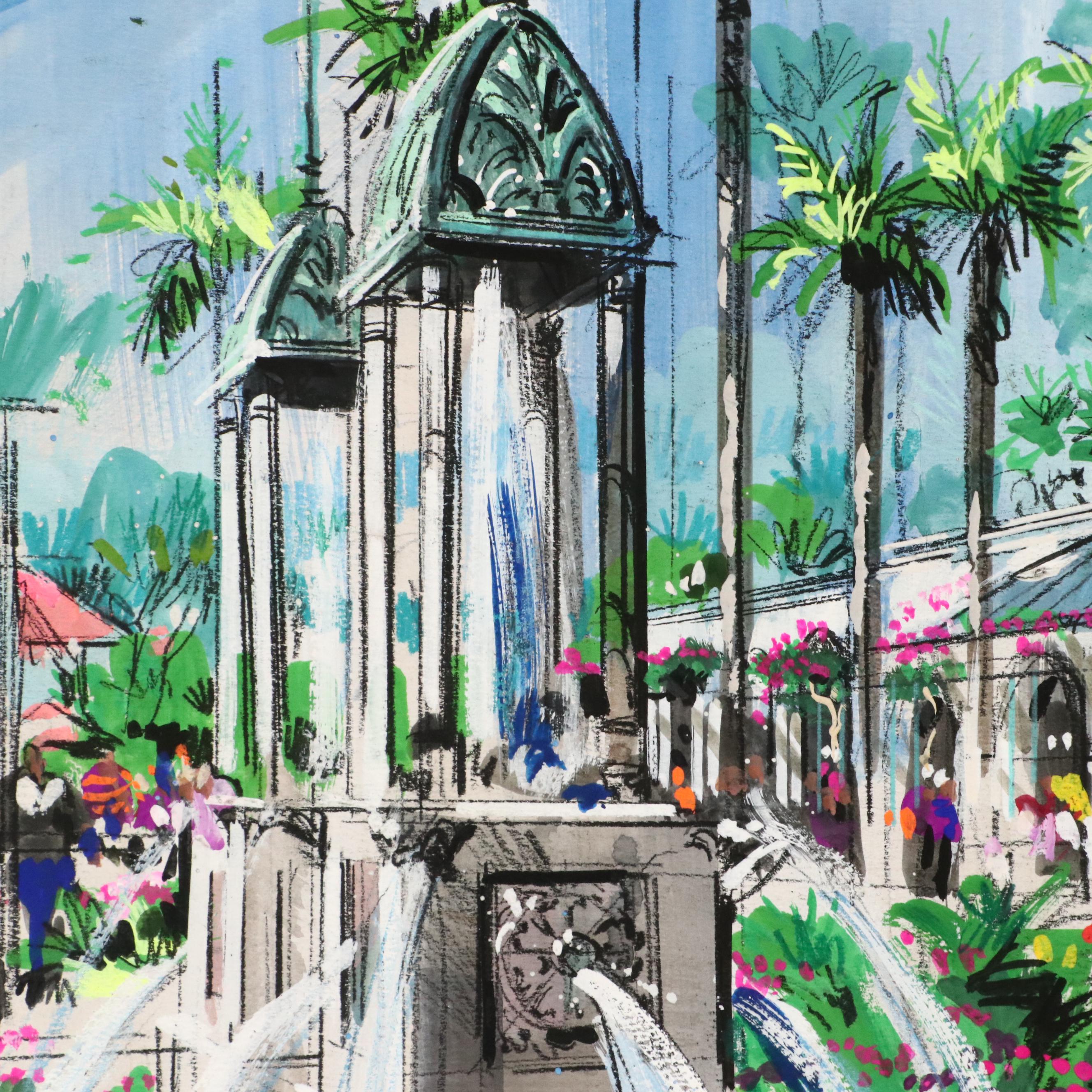 William T. Renick Cityscape Gouache and Charcoal Illustration of Street Scene