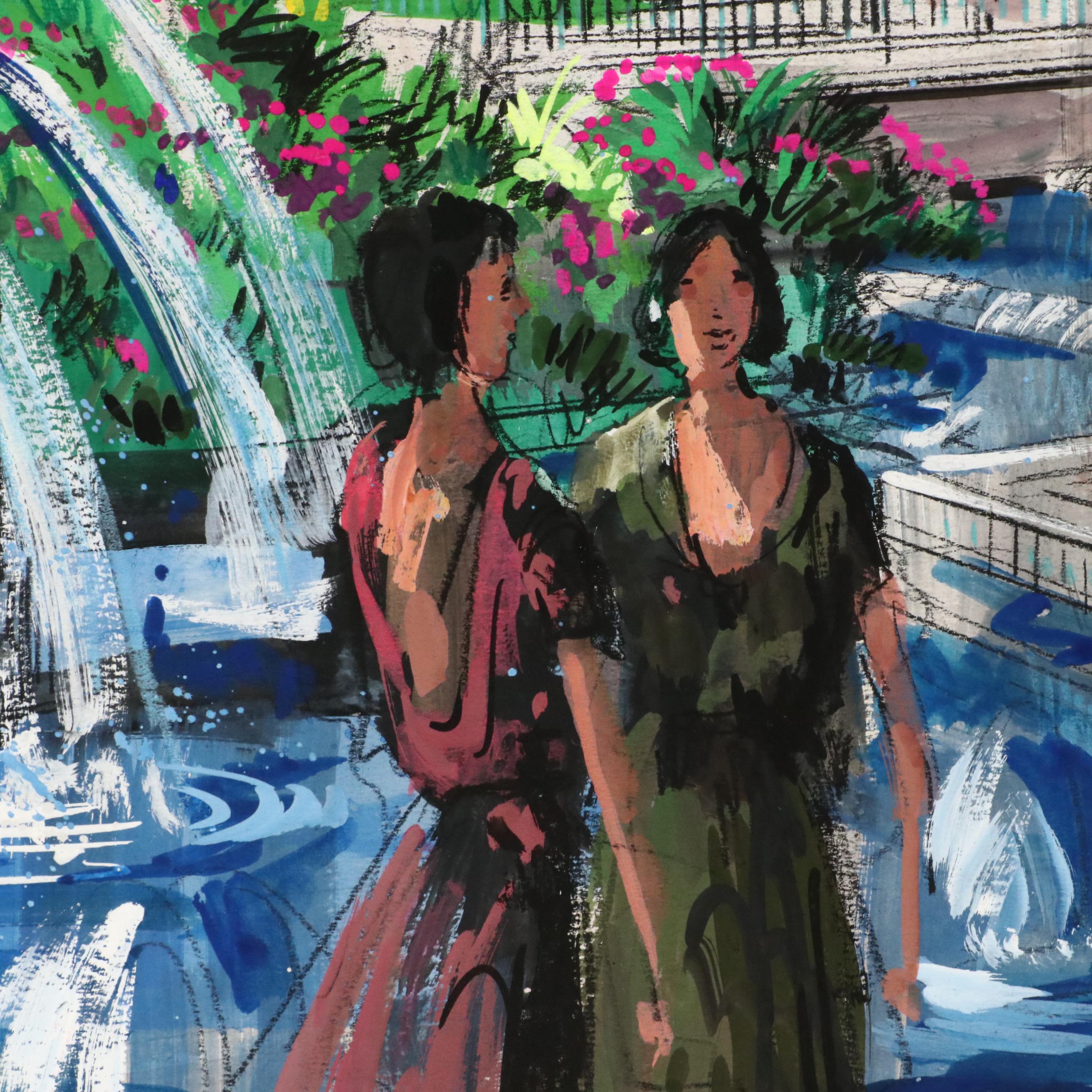 William T. Renick Cityscape Gouache and Charcoal Illustration of Street Scene