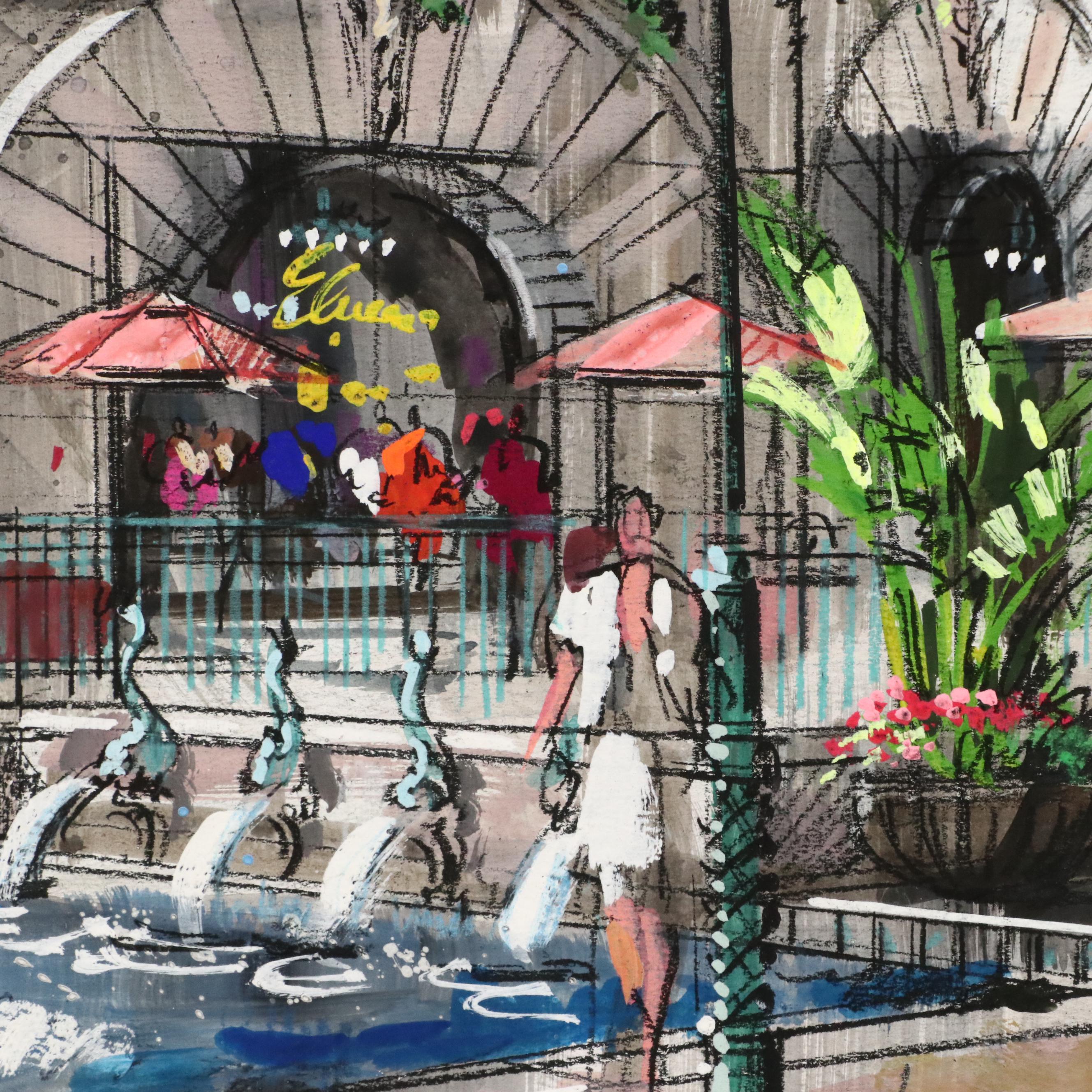 William T. Renick Cityscape Gouache and Charcoal Illustration of Street Scene