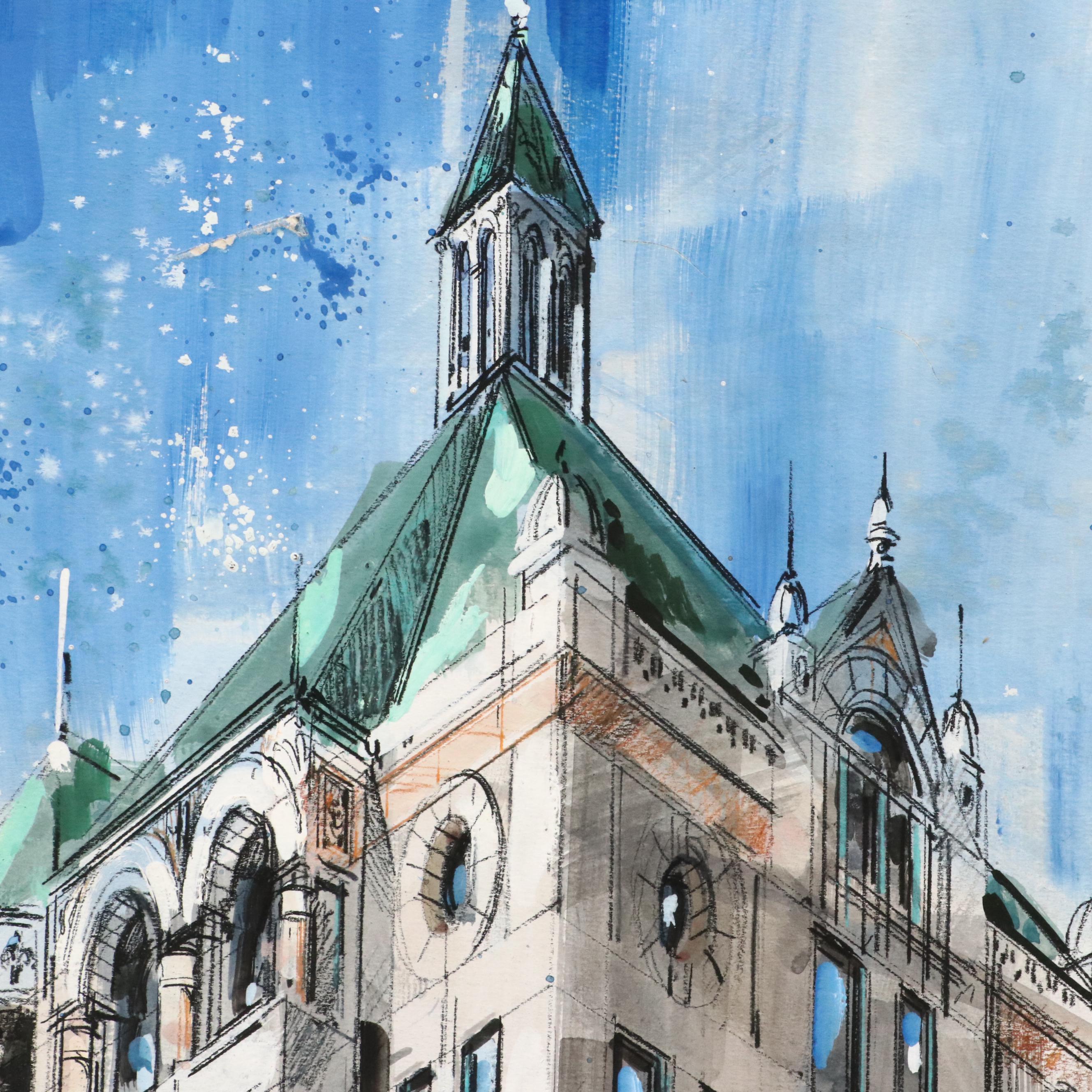 William T. Renick Cityscape Gouache and Charcoal Illustration of Street Scene