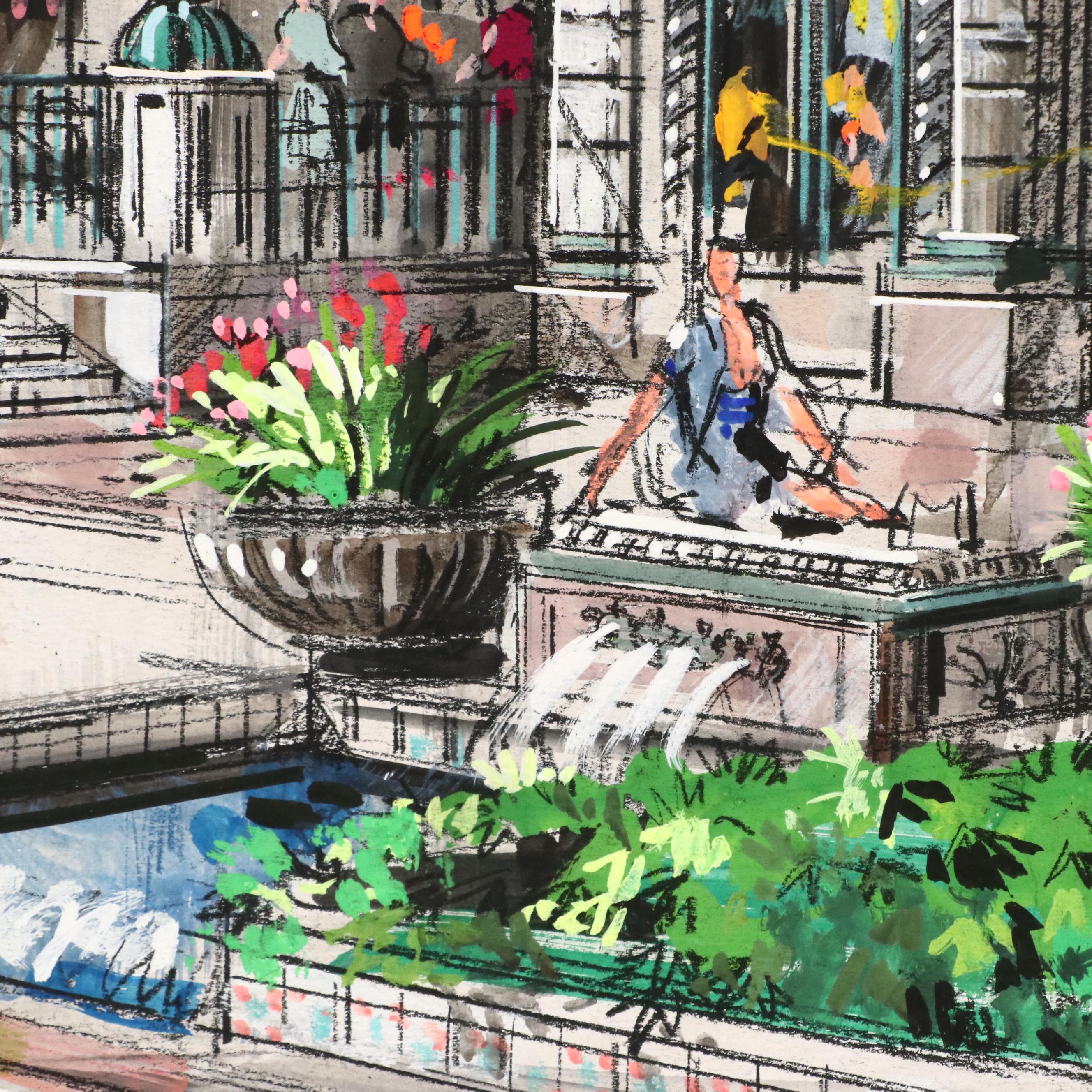 William T. Renick Cityscape Gouache and Charcoal Illustration of Street Scene