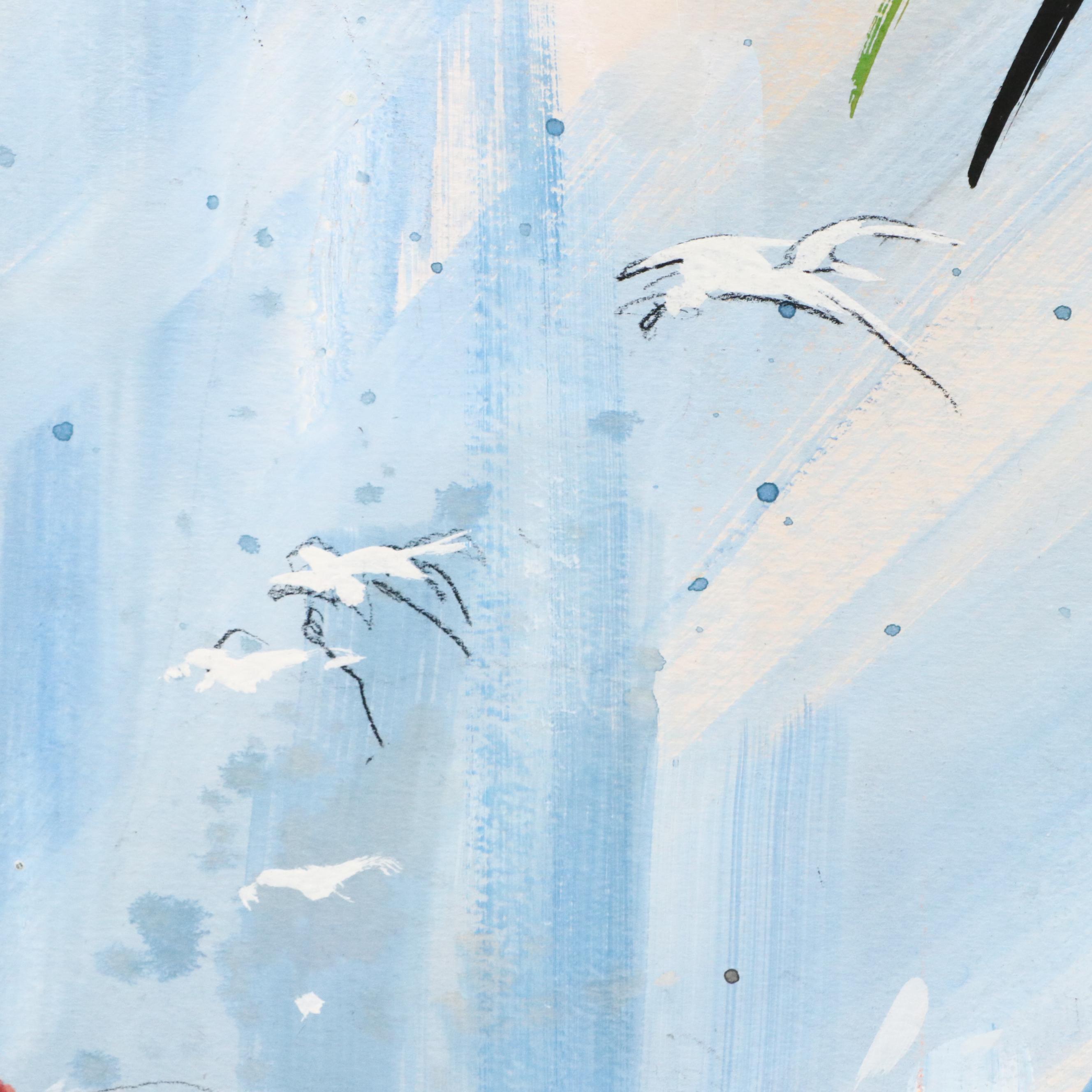 William T. Renick Cityscape Gouache and Charcoal Illustration of Street Scene