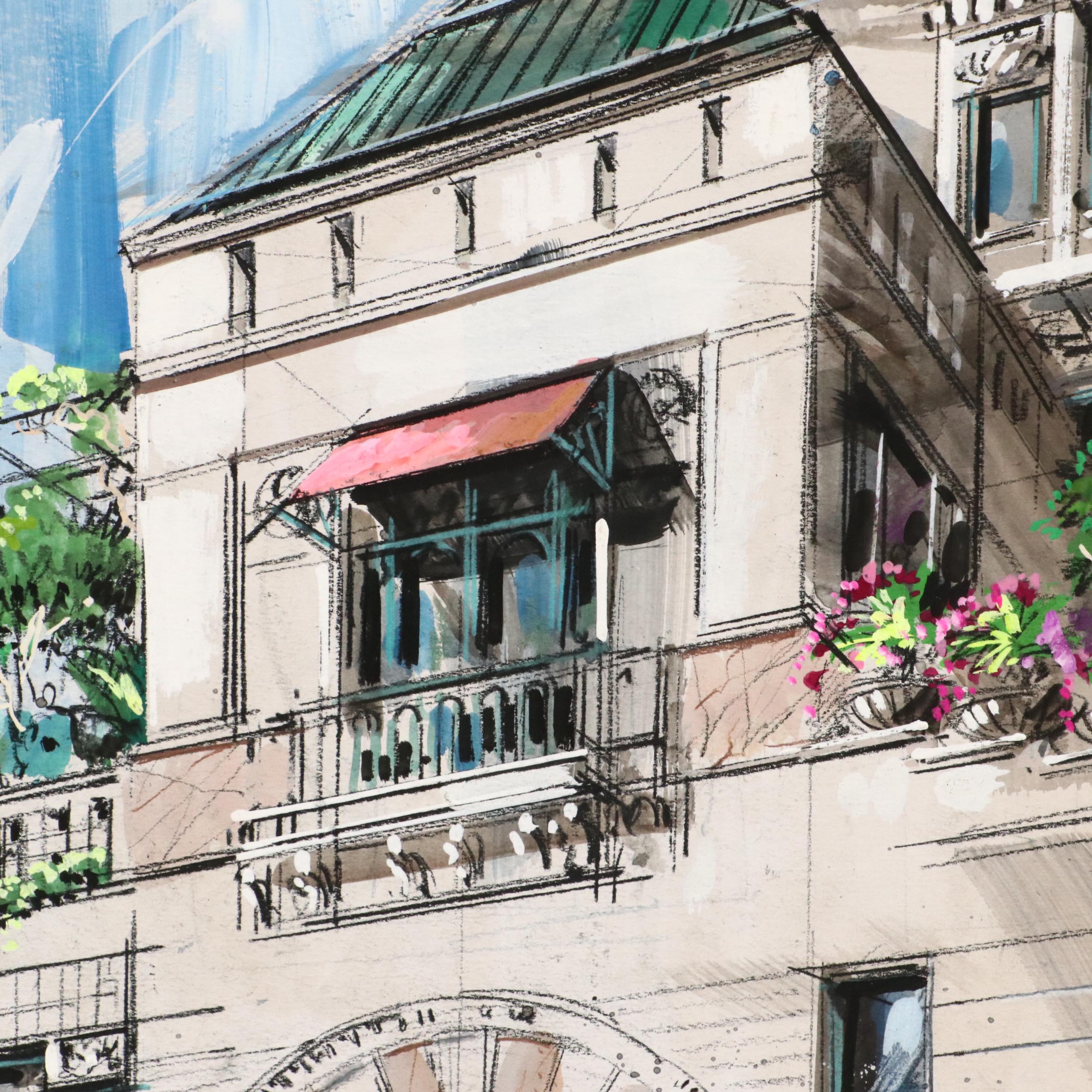 William T. Renick Cityscape Gouache and Charcoal Illustration of Street Scene