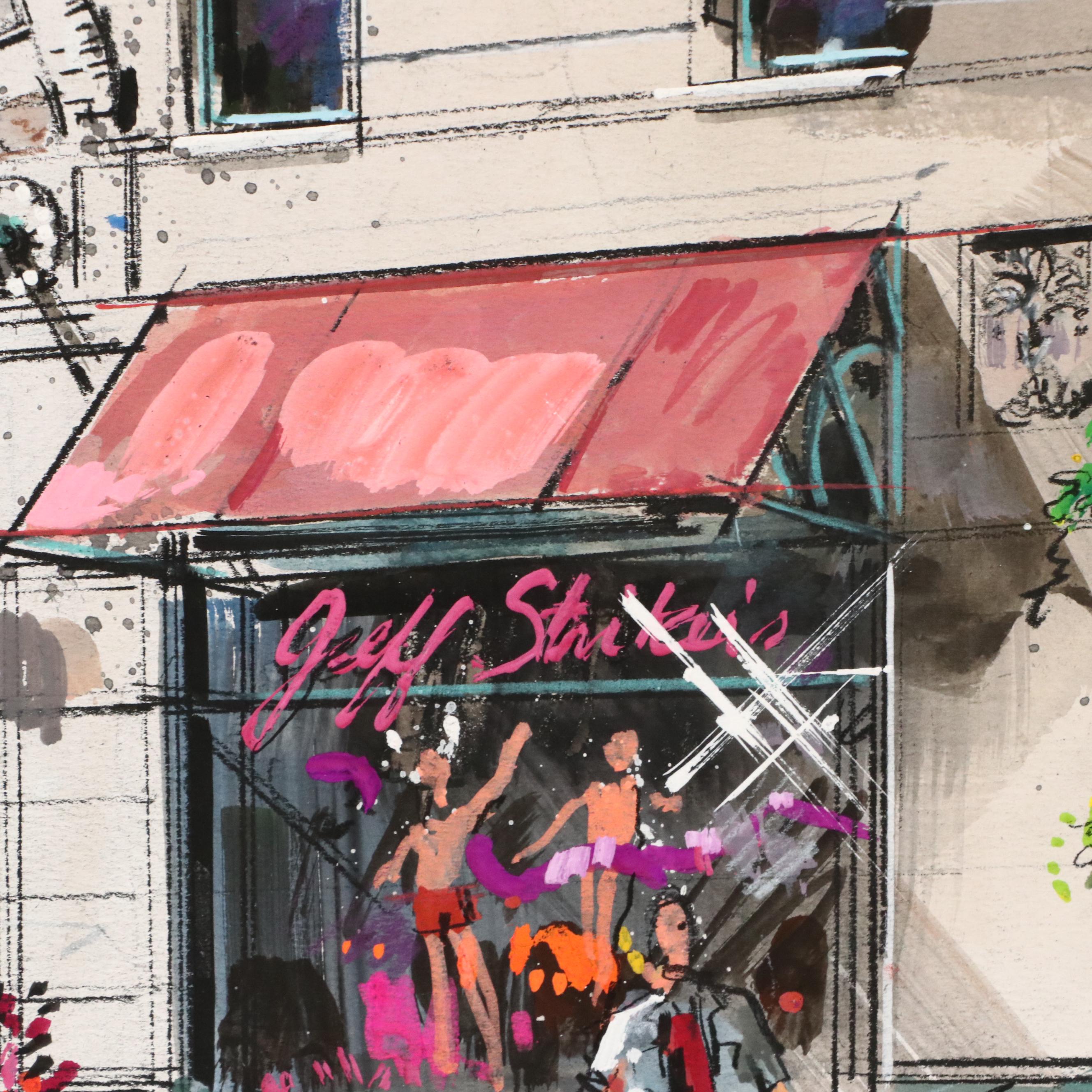 William T. Renick Cityscape Gouache and Charcoal Illustration of Street Scene