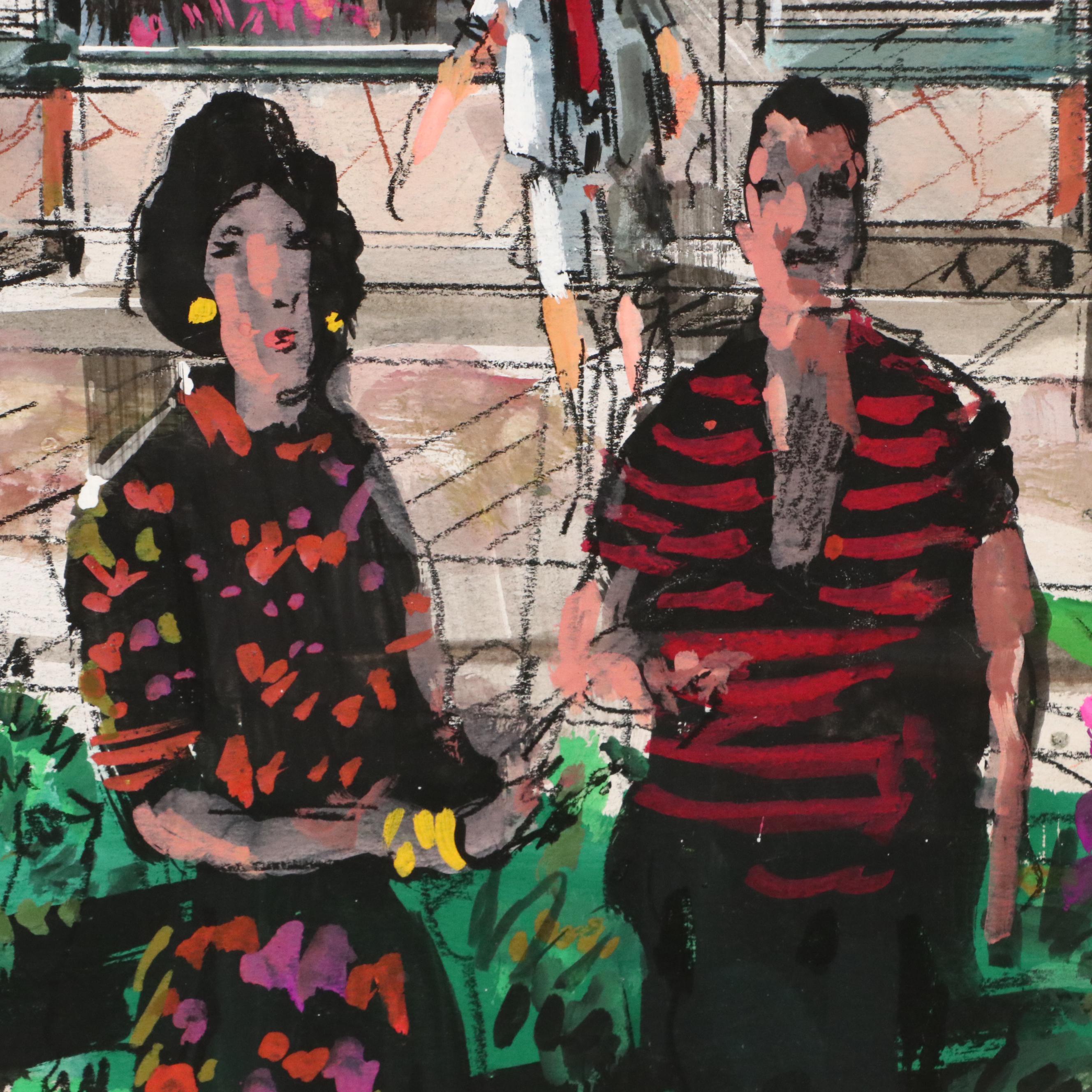 William T. Renick Cityscape Gouache and Charcoal Illustration of Street Scene