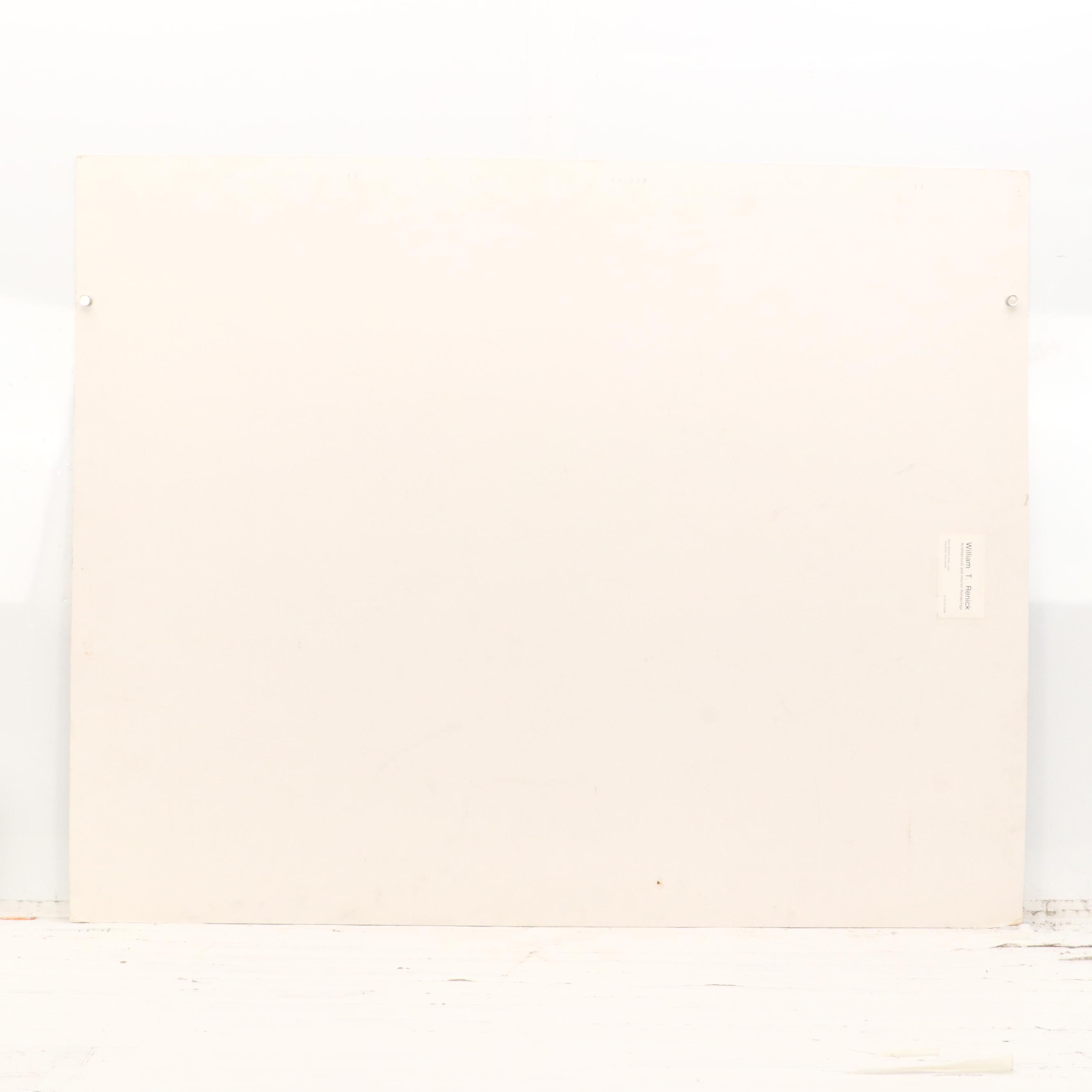 William T. Renick Cityscape Gouache and Charcoal Illustration of Street Scene