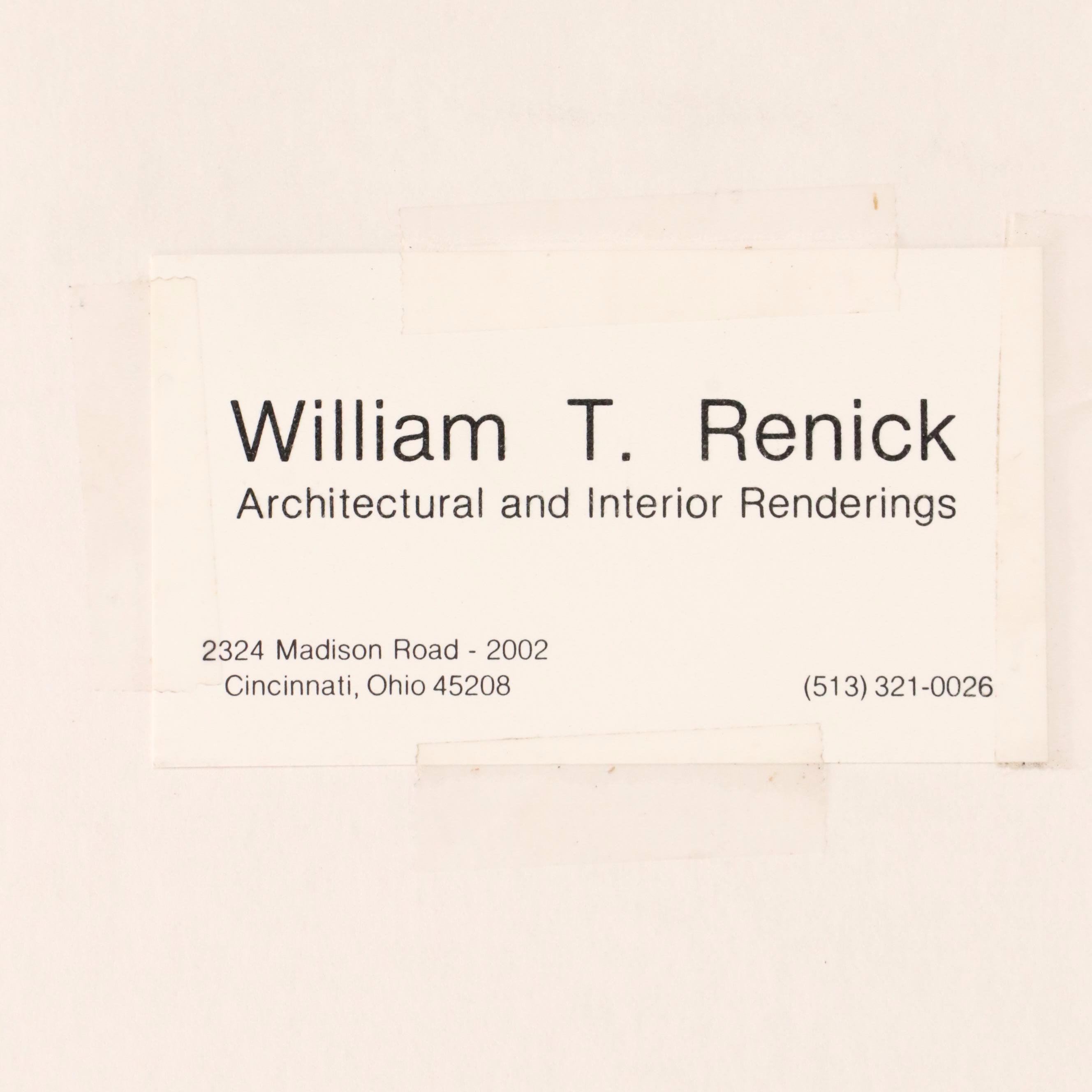 William T. Renick Cityscape Gouache and Charcoal Illustration of Street Scene