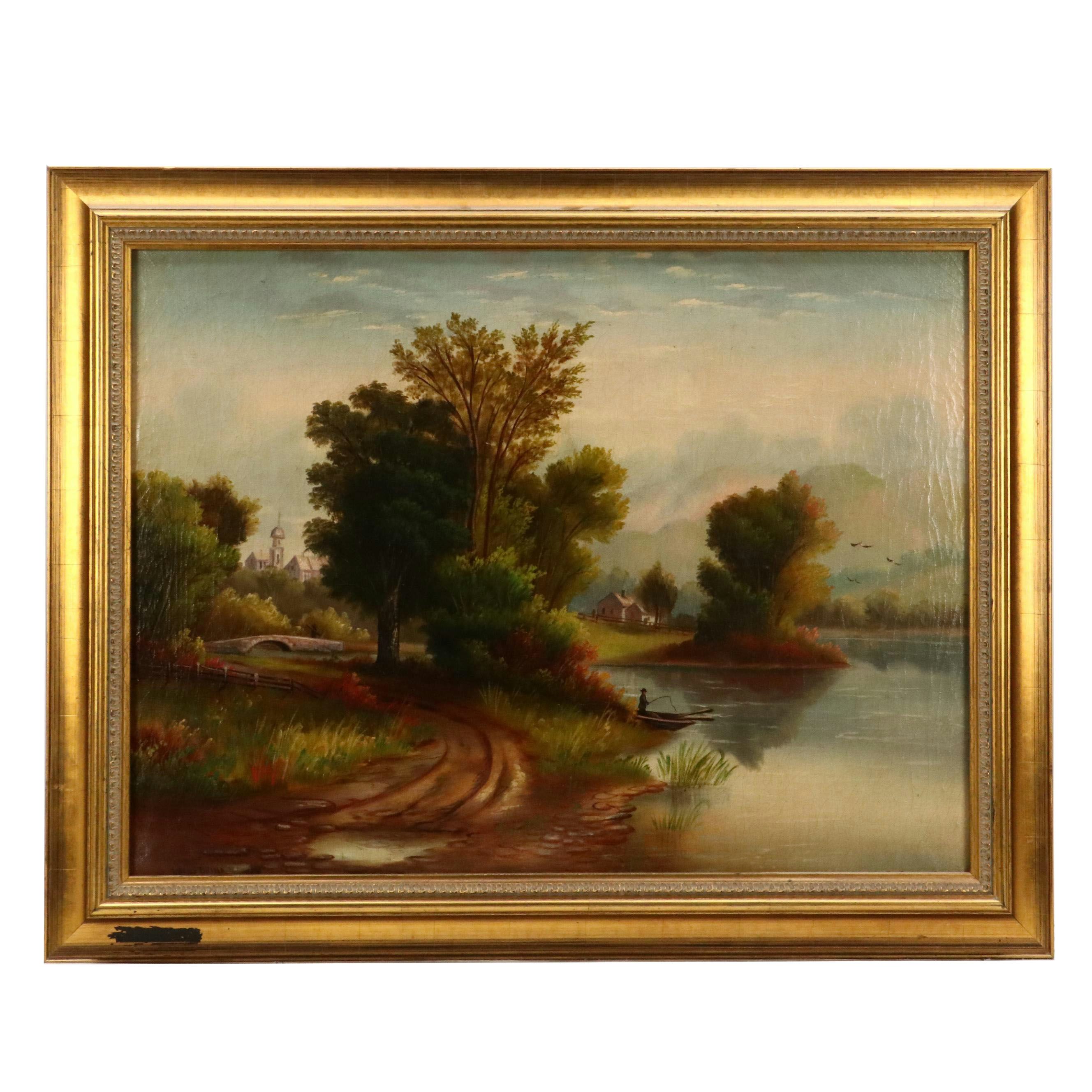 Ben Brinx Oil Painting of River Landscape with Fisherman