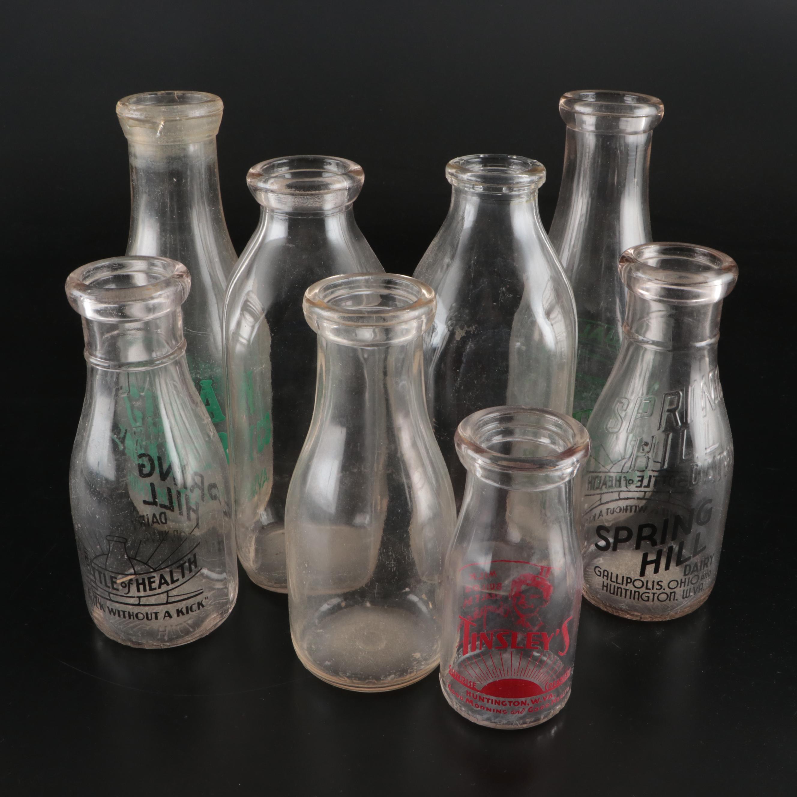 Spring Hill Dairy and Other Glass Dairy Bottles, Mid-20th Century