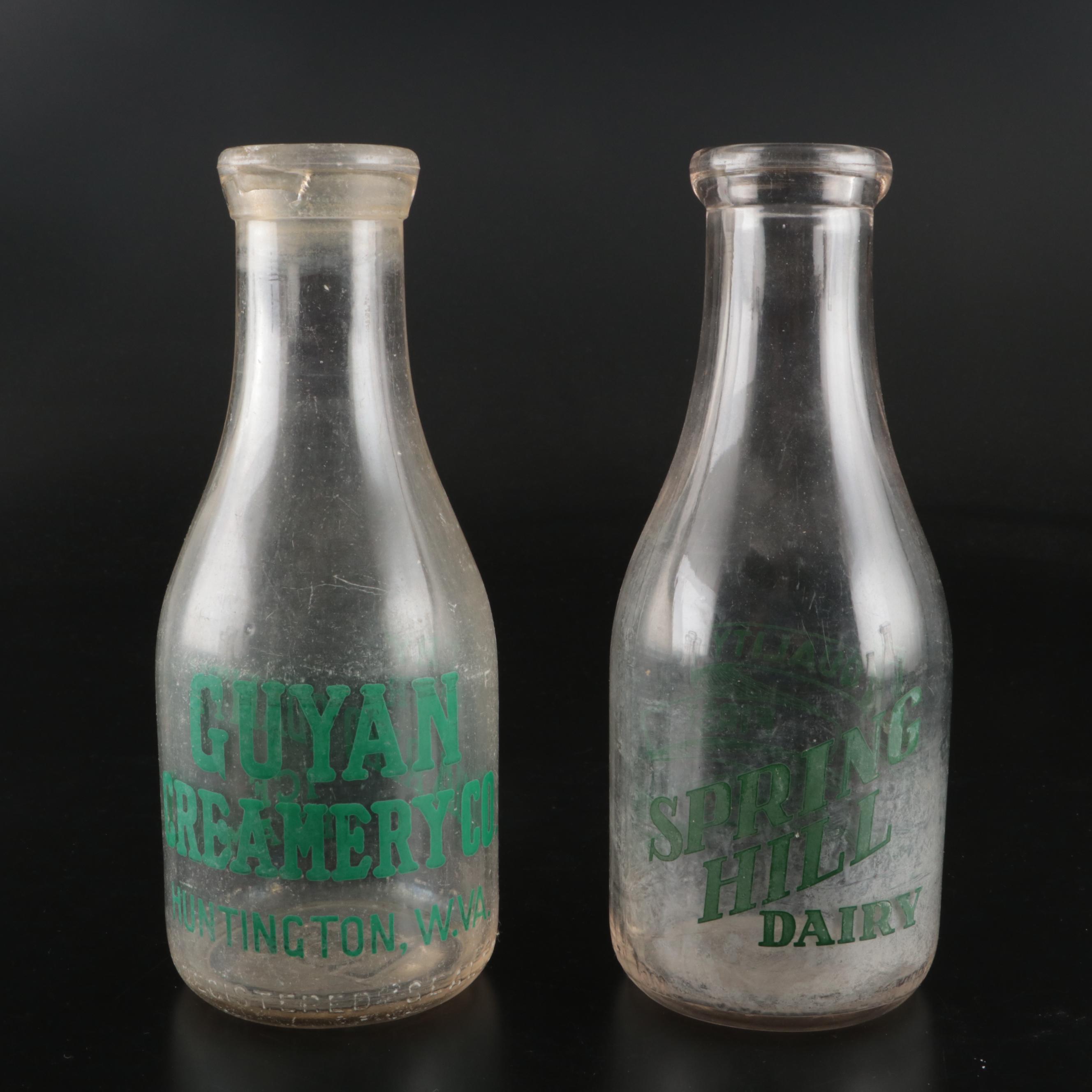 Spring Hill Dairy and Other Glass Dairy Bottles, Mid-20th Century