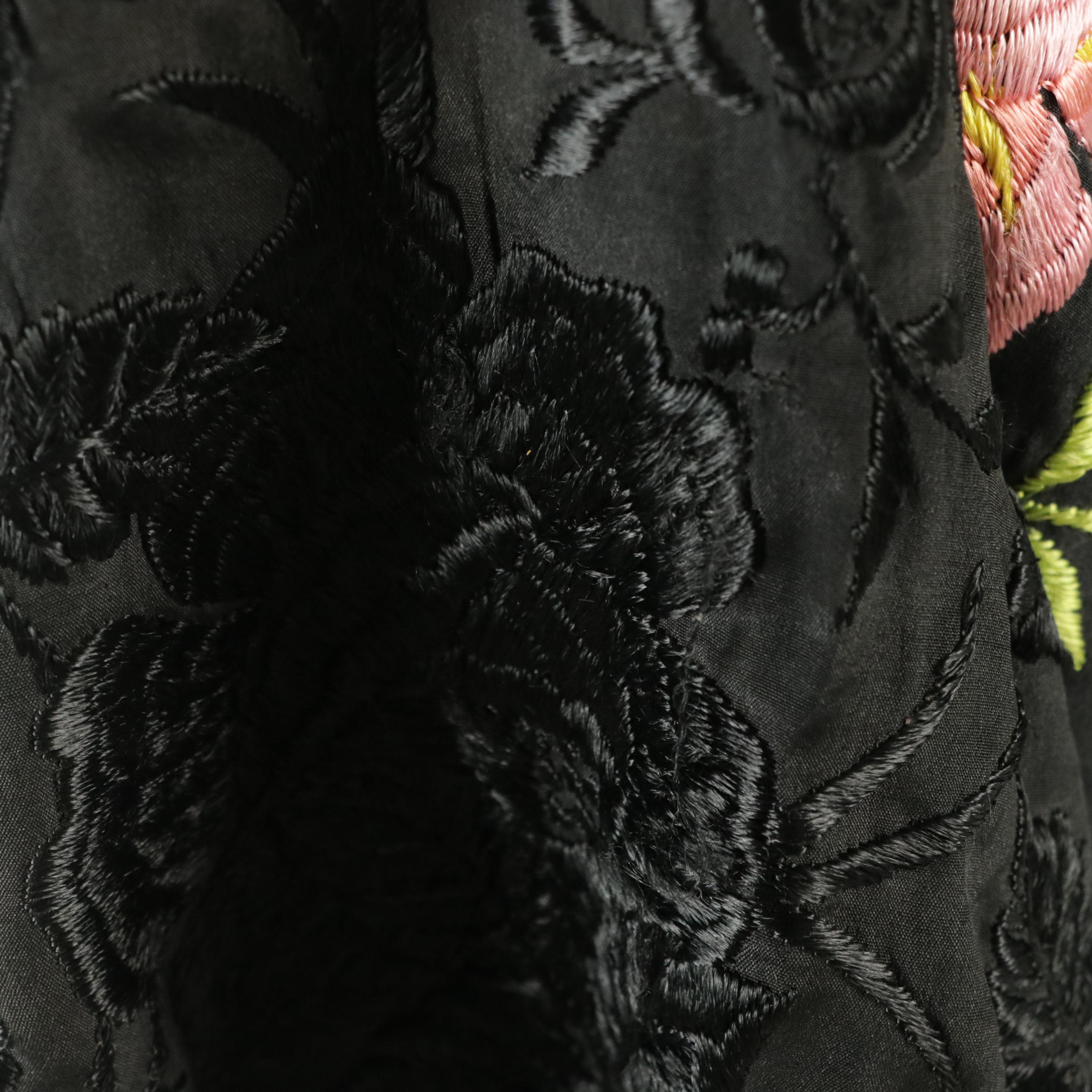 Black Satin Piano Shawl with Floral Embroidery