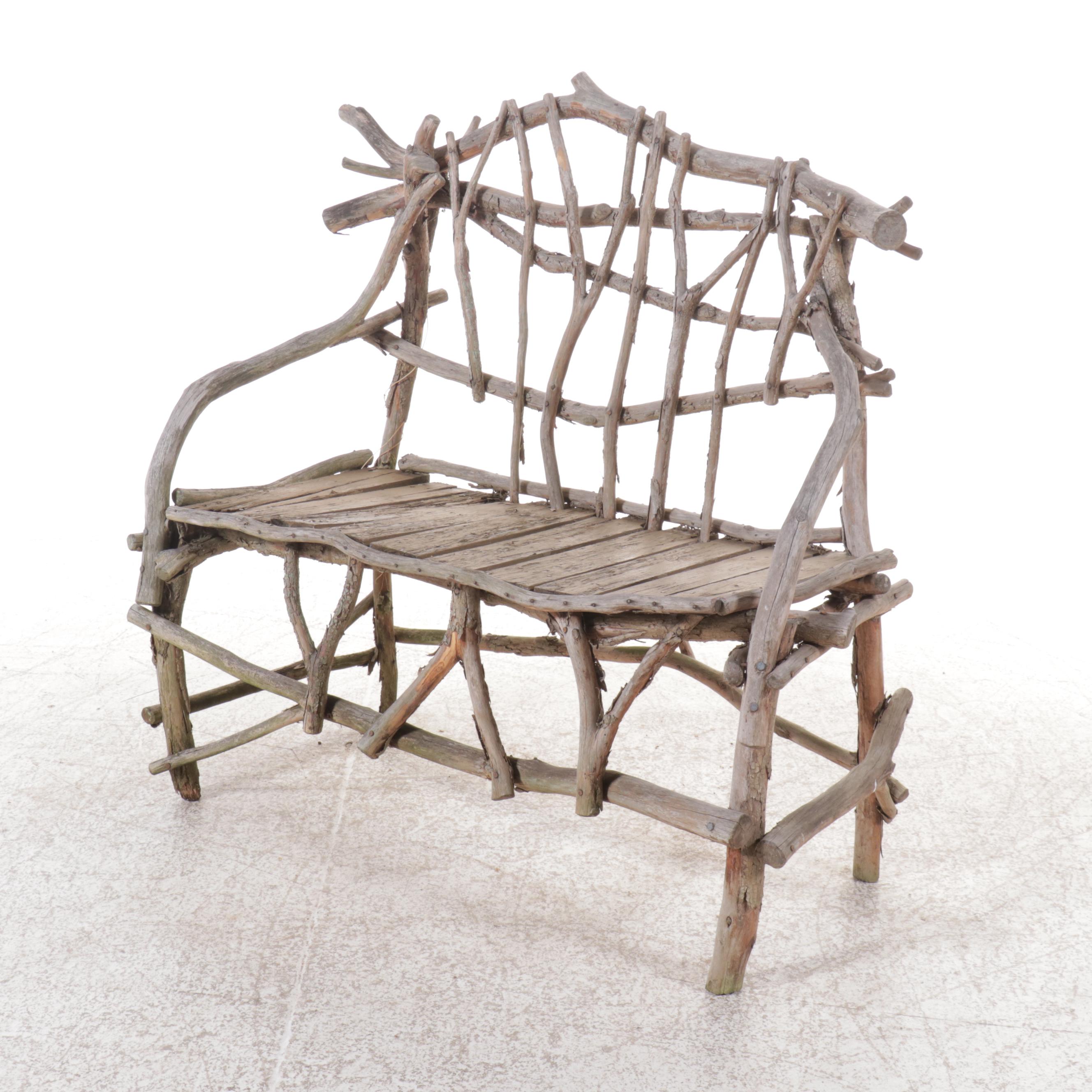 Robert Beaven Adirondack Style Handcrafted Twig and Root Bench and Coffee Table