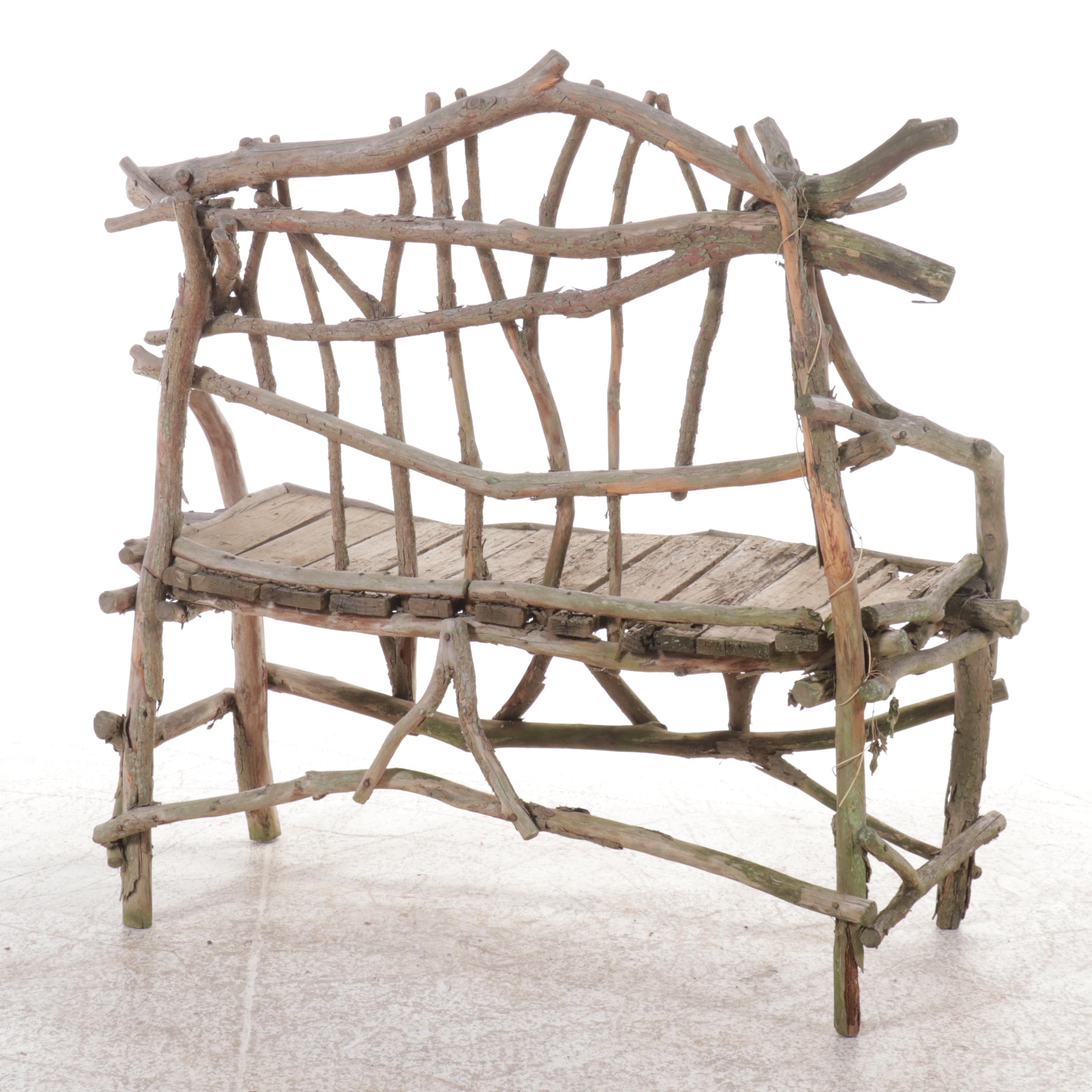 Robert Beaven Adirondack Style Handcrafted Twig and Root Bench and Coffee Table