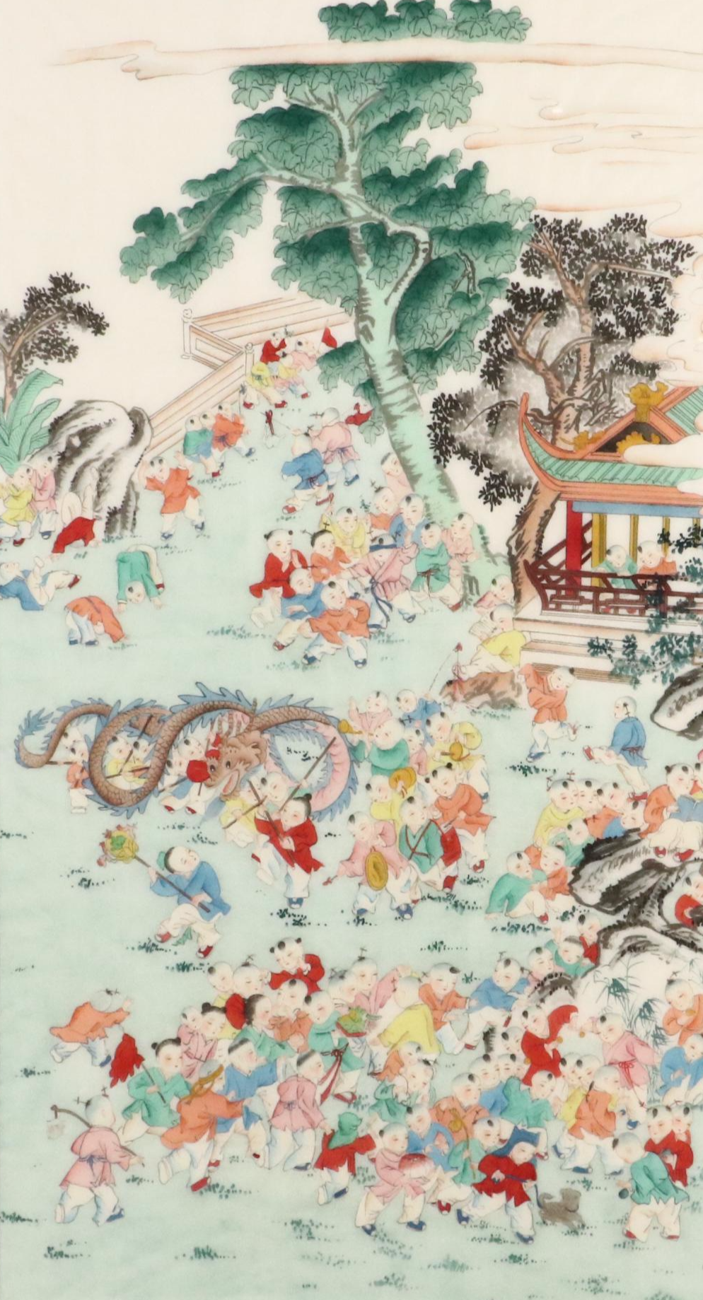 Chinese School Gouache Painting of Many Children Playing