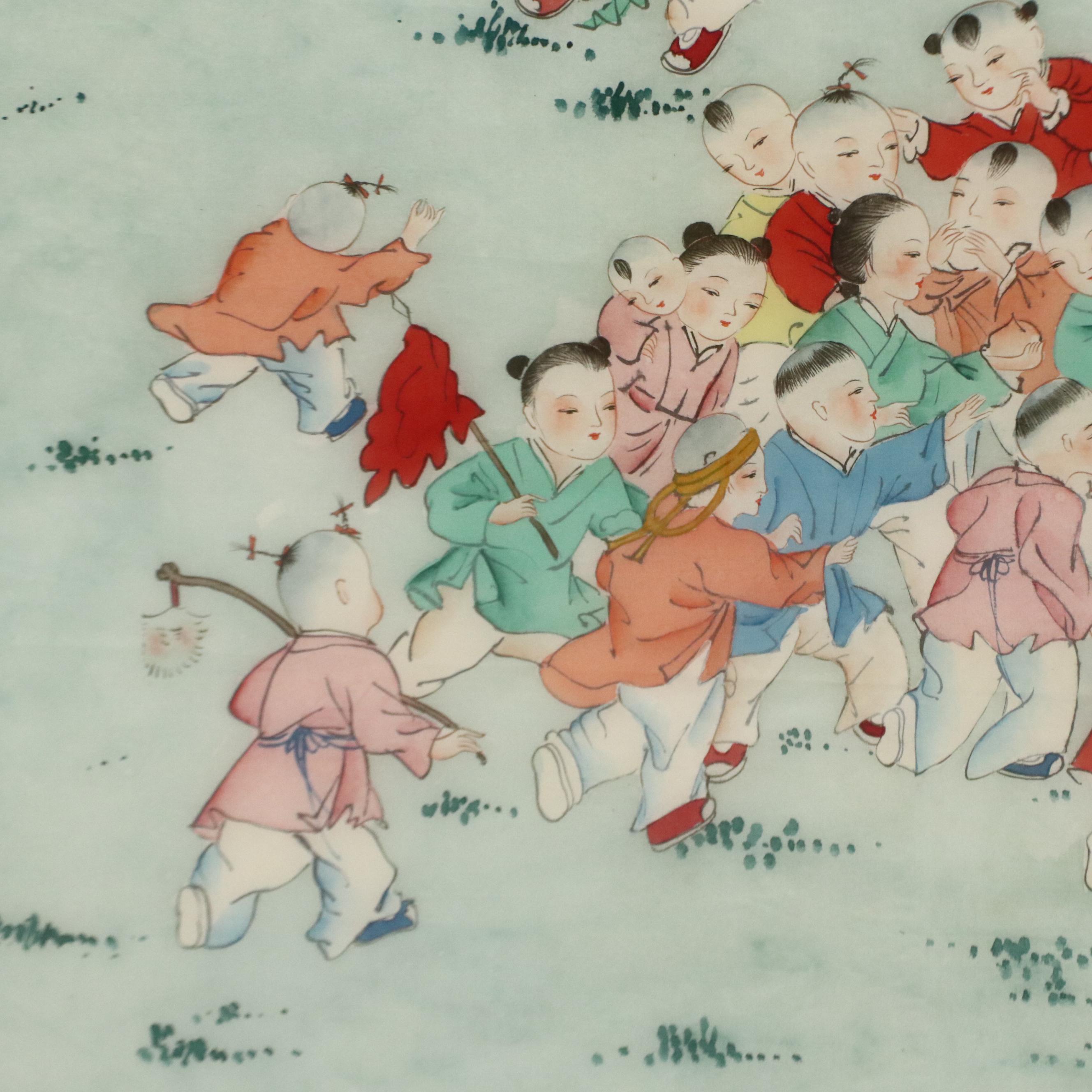 Chinese School Gouache Painting of Many Children Playing