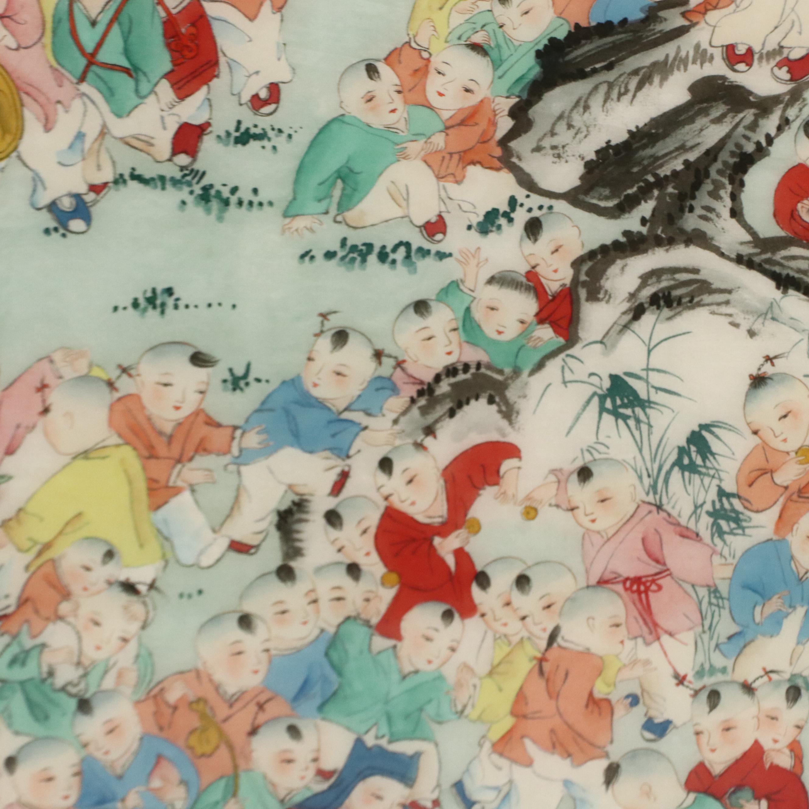 Chinese School Gouache Painting of Many Children Playing