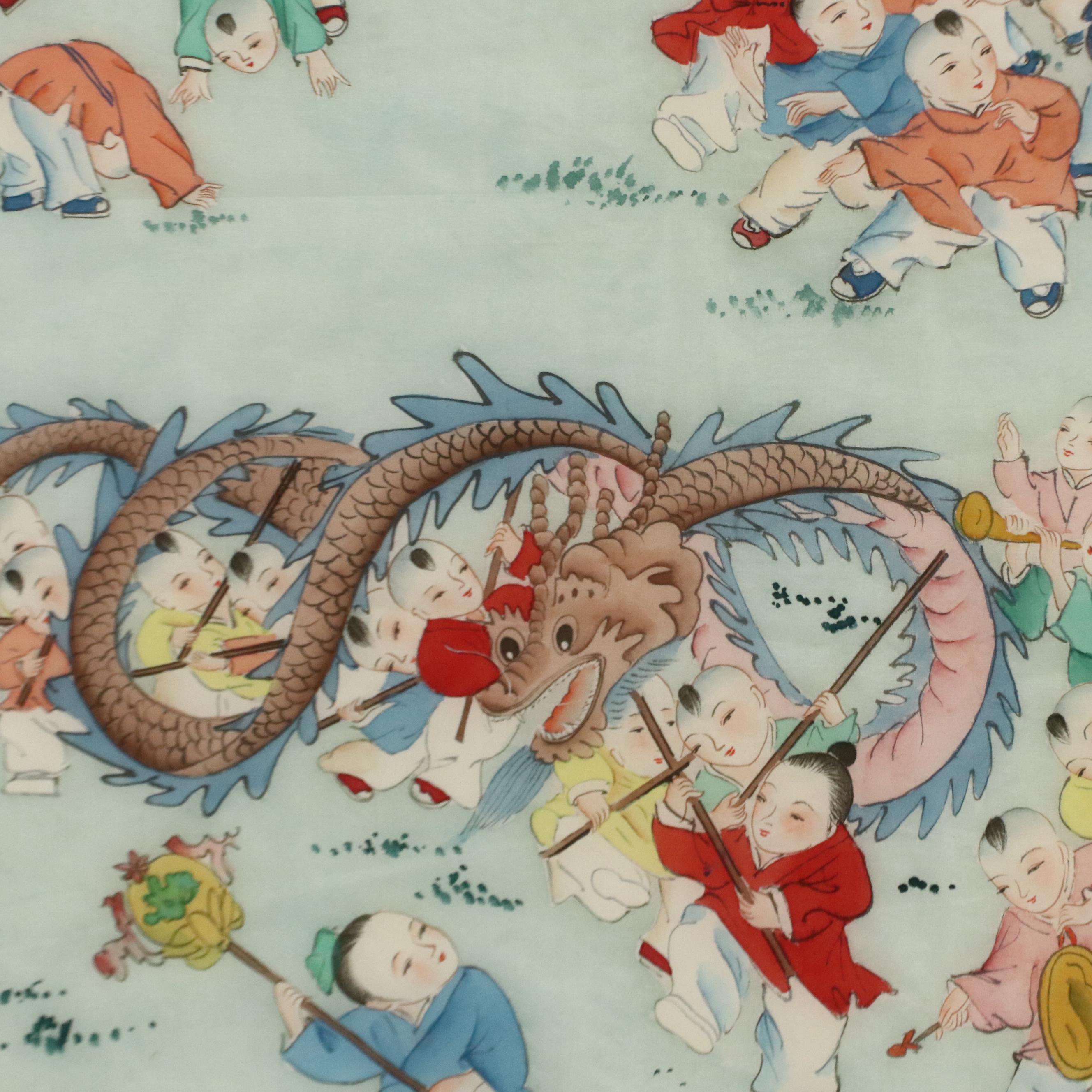 Chinese School Gouache Painting of Many Children Playing