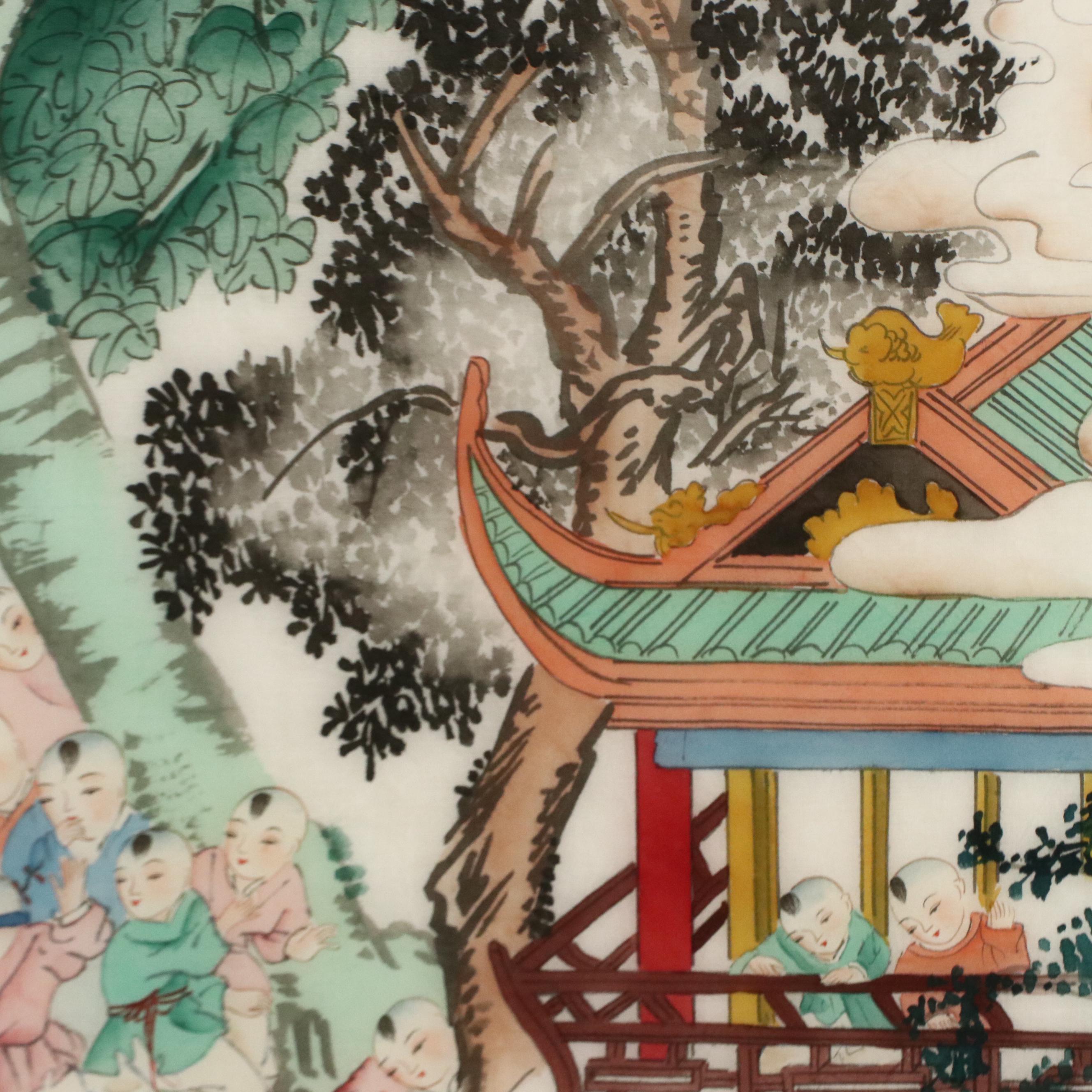 Chinese School Gouache Painting of Many Children Playing