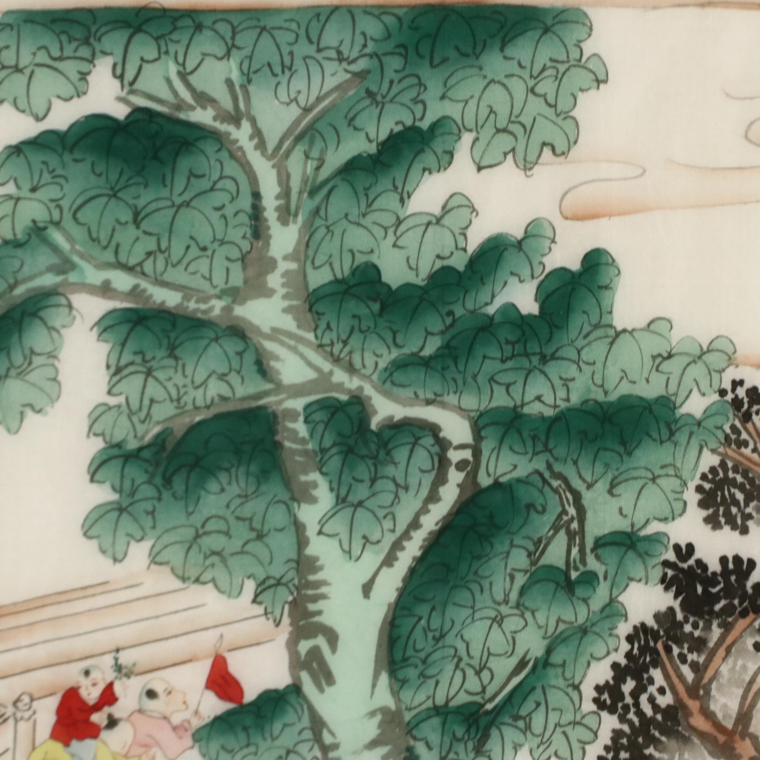 Chinese School Gouache Painting of Many Children Playing