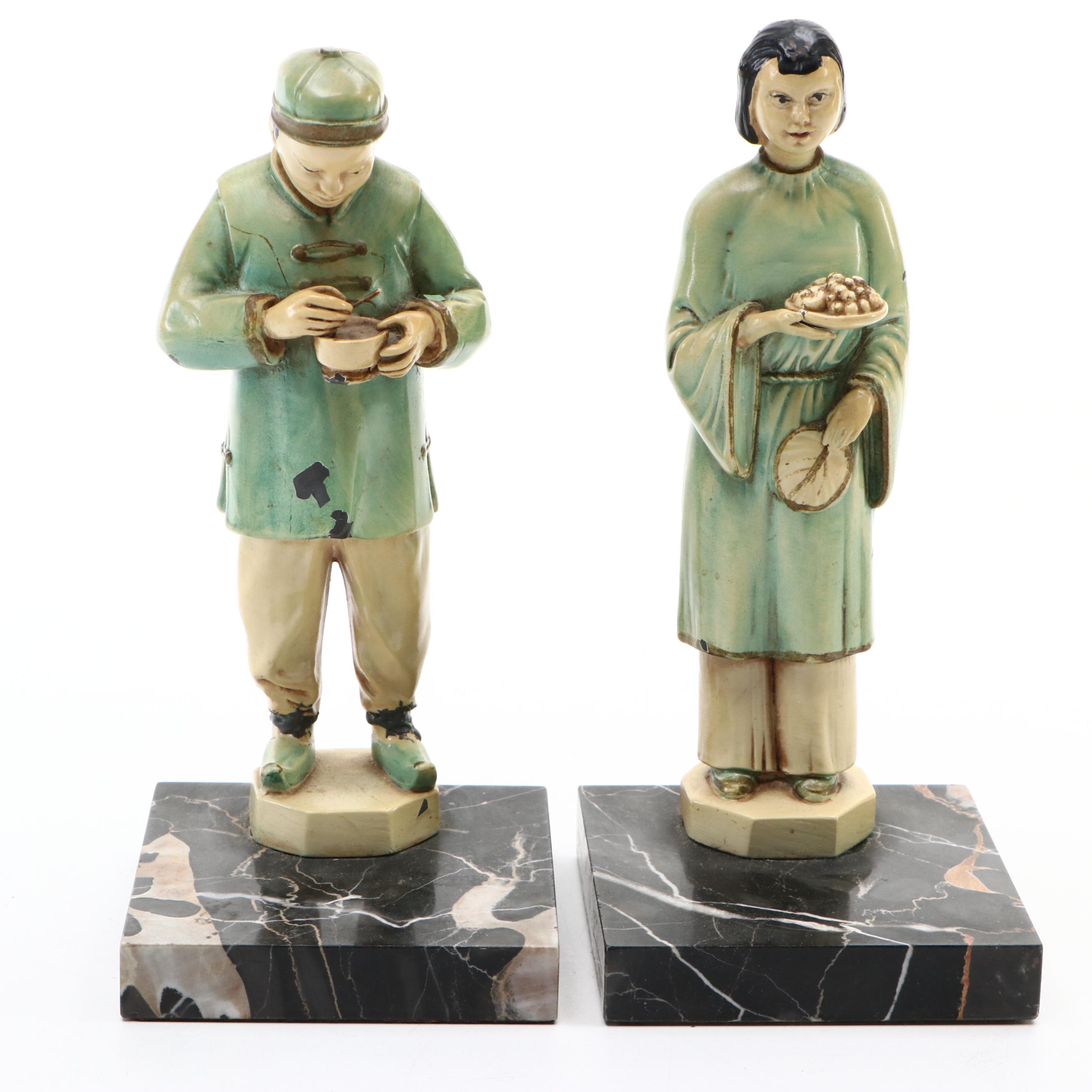 J. B. Hirsch Style Chinese Cold-Painted Man & Woman Figurines on Marble Slabs