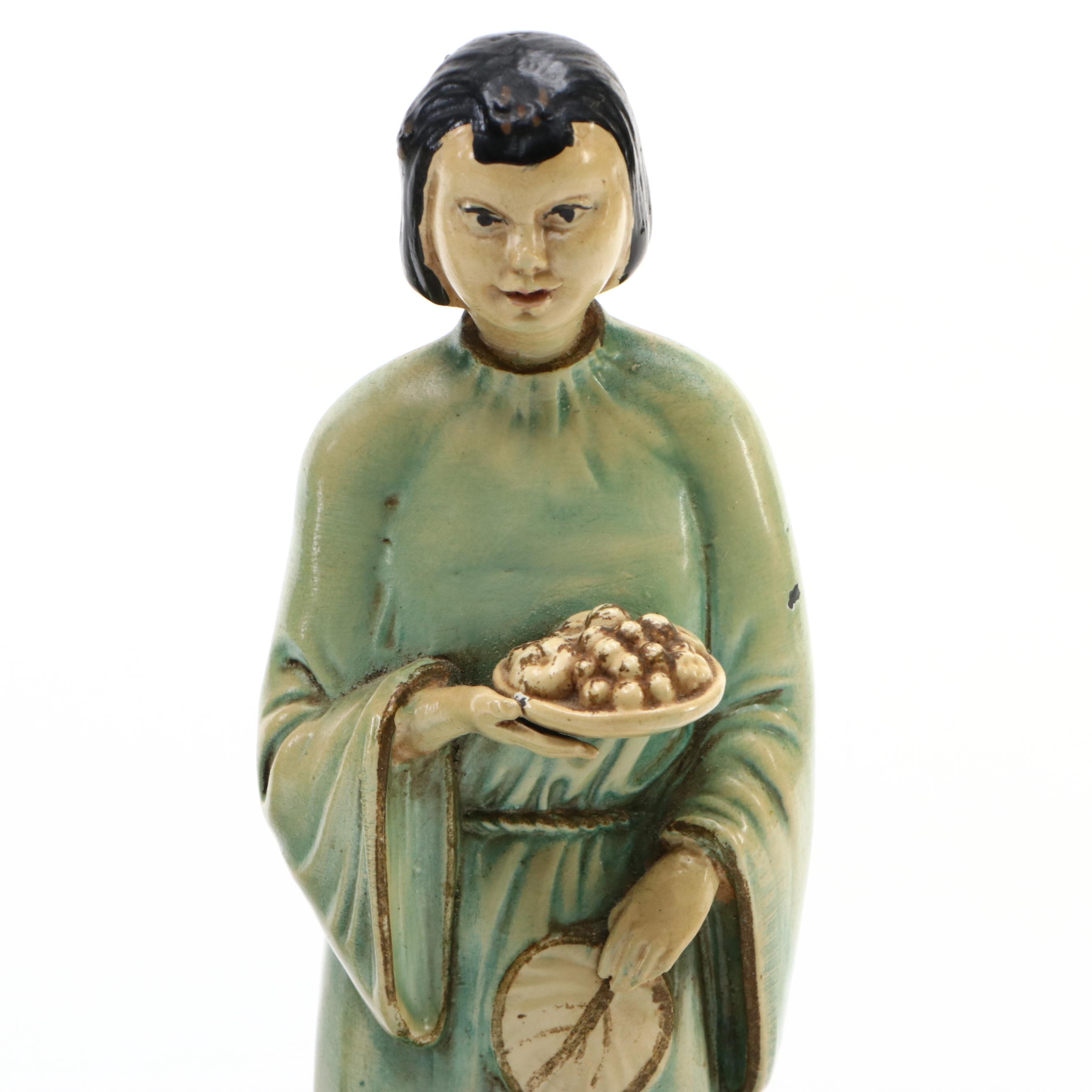 J. B. Hirsch Style Chinese Cold-Painted Man & Woman Figurines on Marble Slabs