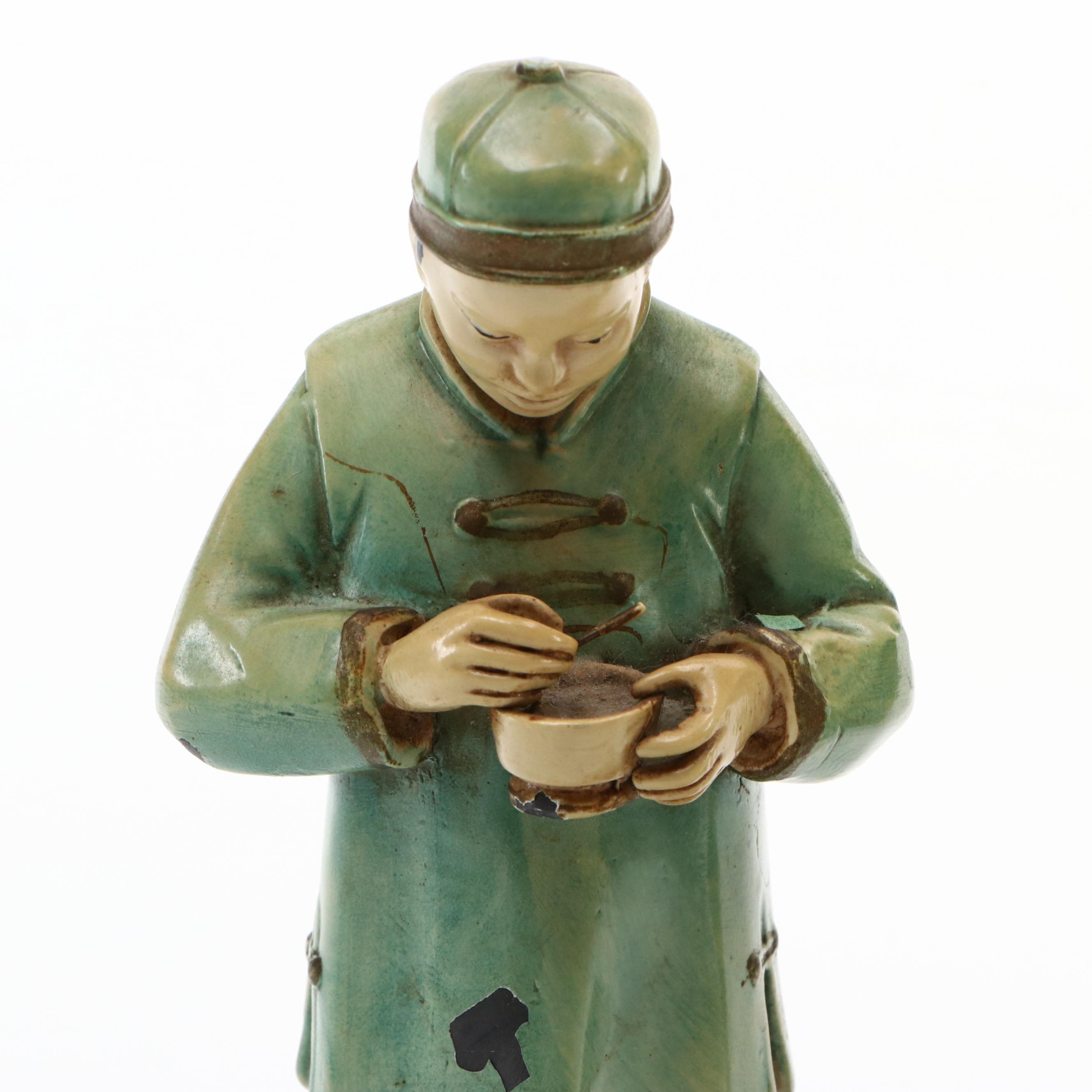 J. B. Hirsch Style Chinese Cold-Painted Man & Woman Figurines on Marble Slabs