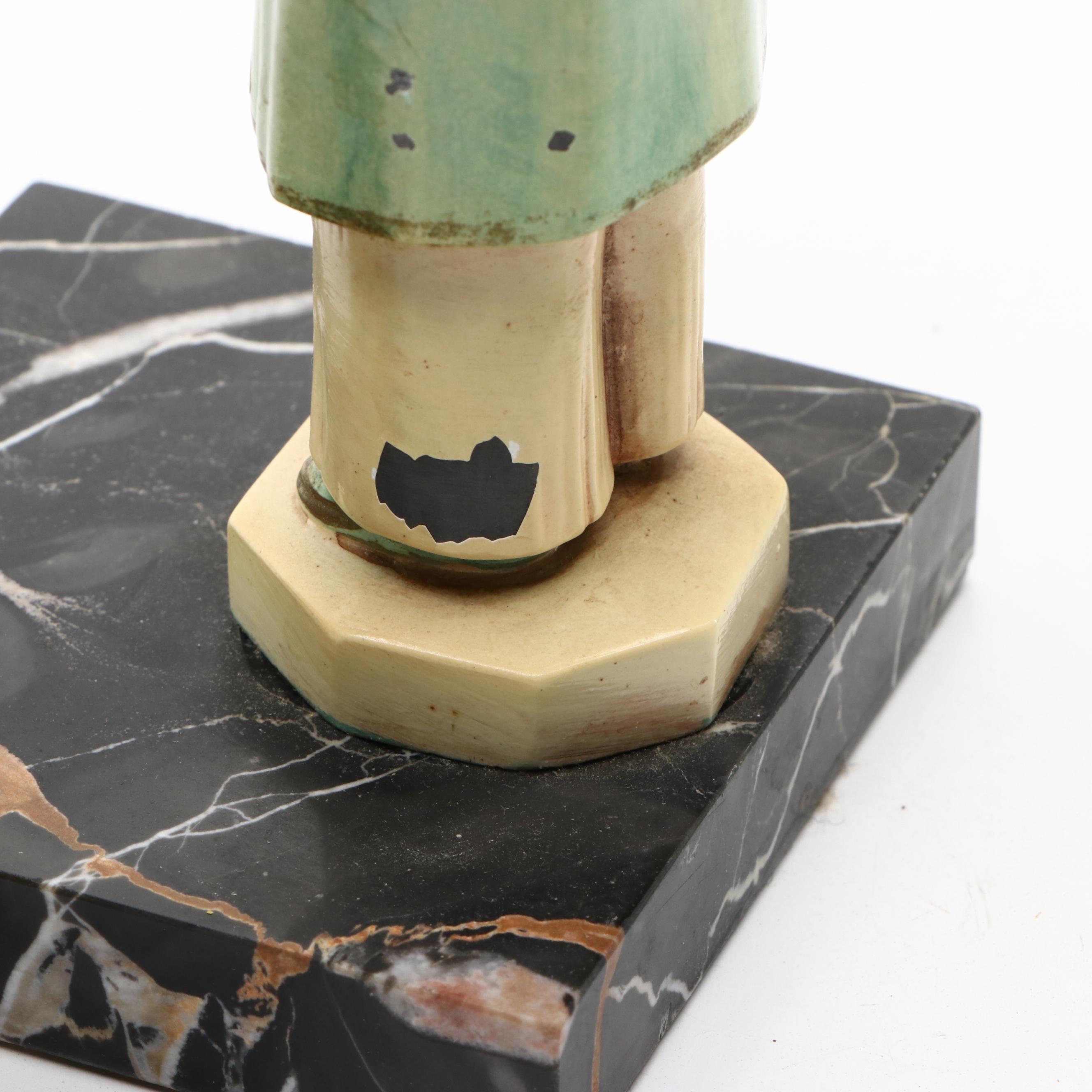 J. B. Hirsch Style Chinese Cold-Painted Man & Woman Figurines on Marble Slabs