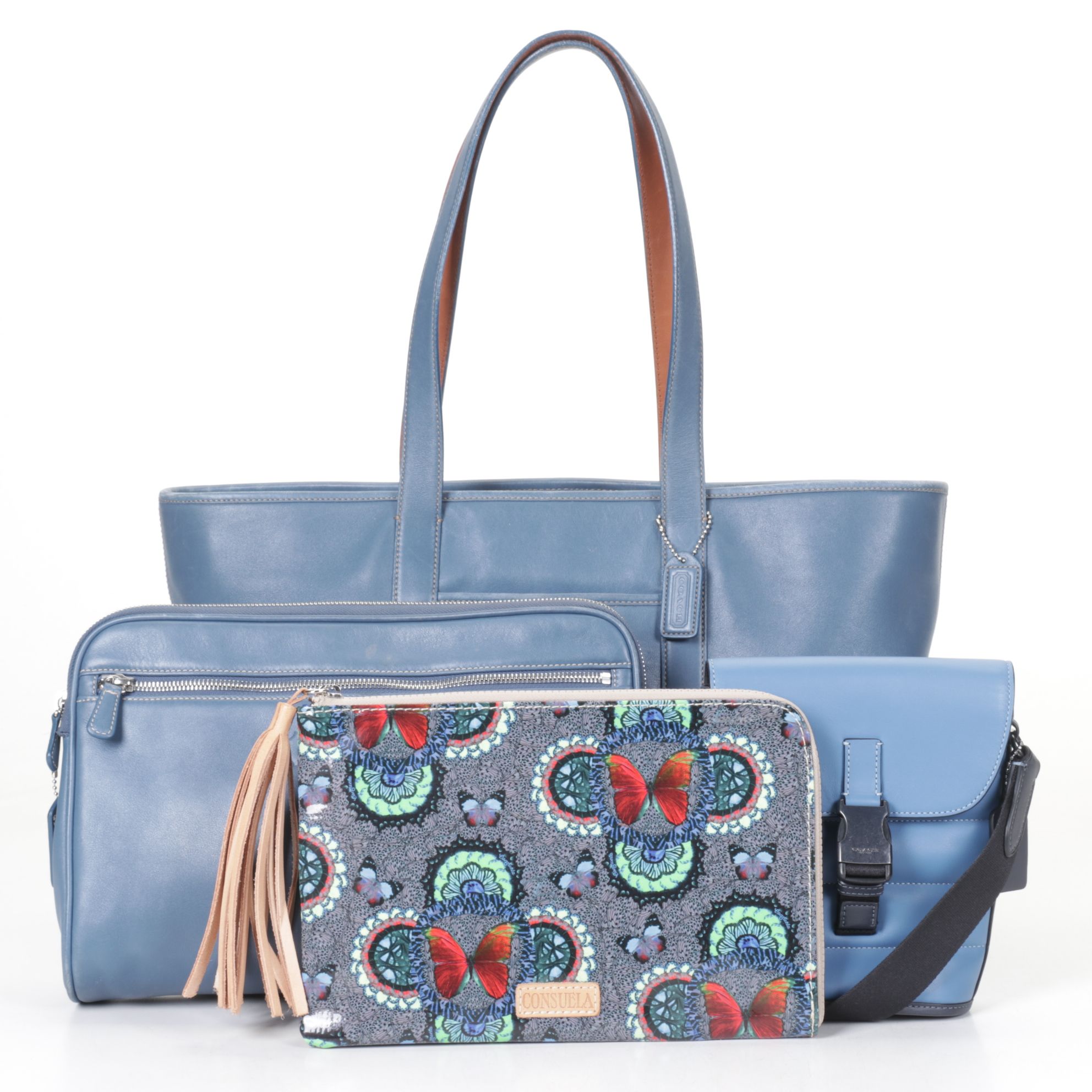 Coach Blue Leather Tote and Laptop Sleeve with Crossbody Bag and Consuela Clutch