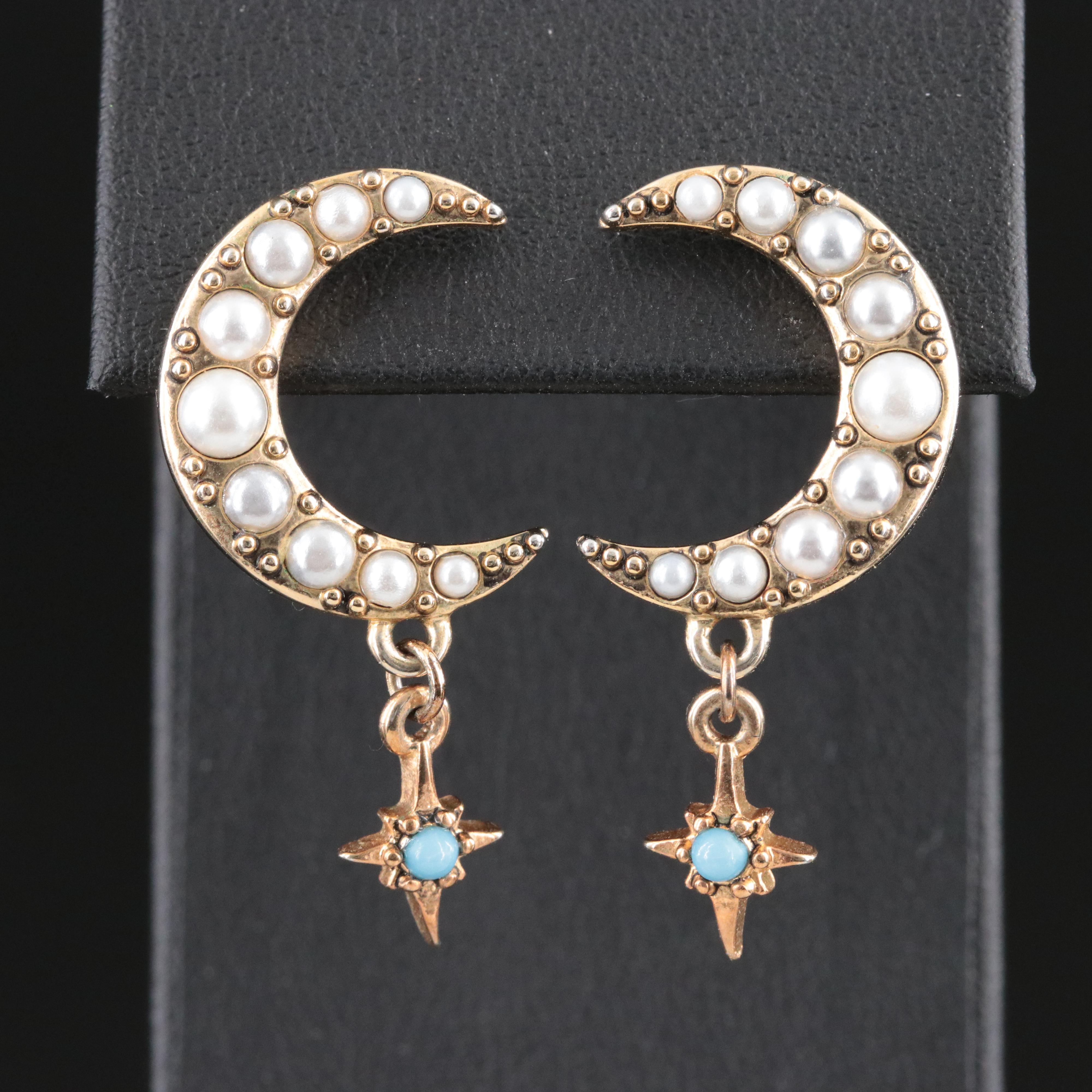 Lulu Frost Imitation Pearl and Imitation Turquoise Crescent Moon Earrings