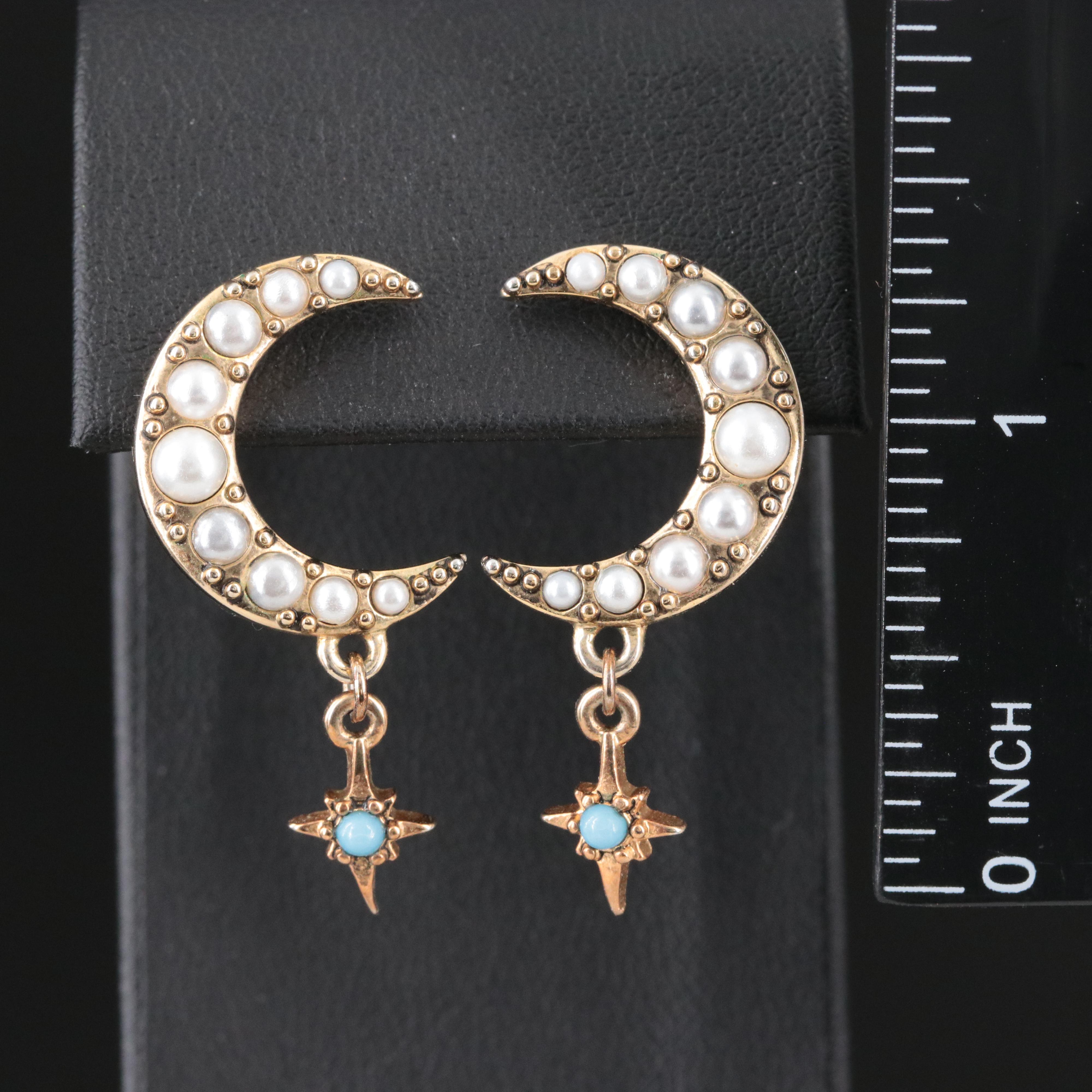 Lulu Frost Imitation Pearl and Imitation Turquoise Crescent Moon Earrings