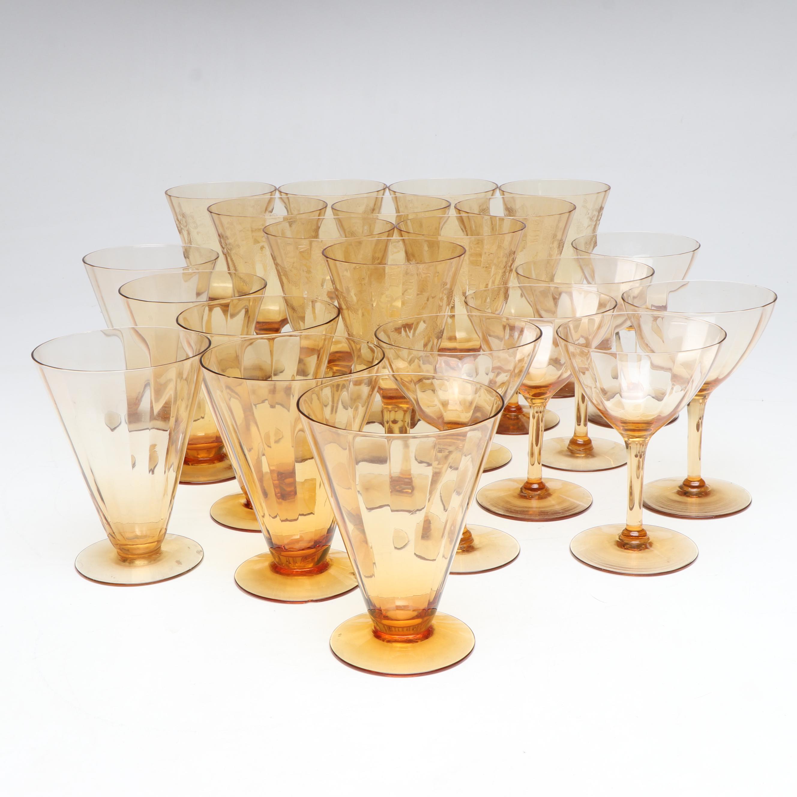 Amber Glass Coupes, Water Glasses, and Iced Tea Glasses