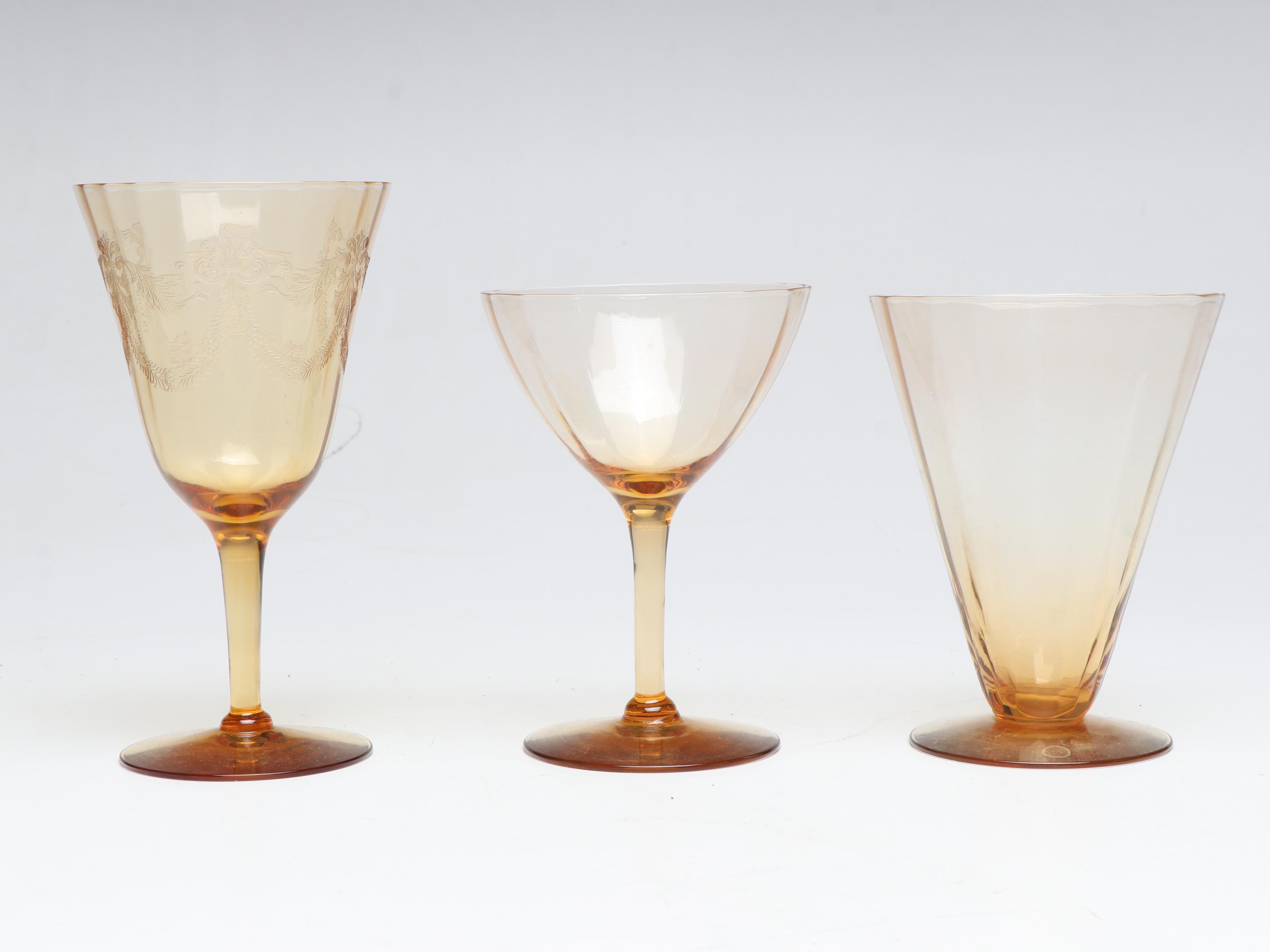 Amber Glass Coupes, Water Glasses, and Iced Tea Glasses