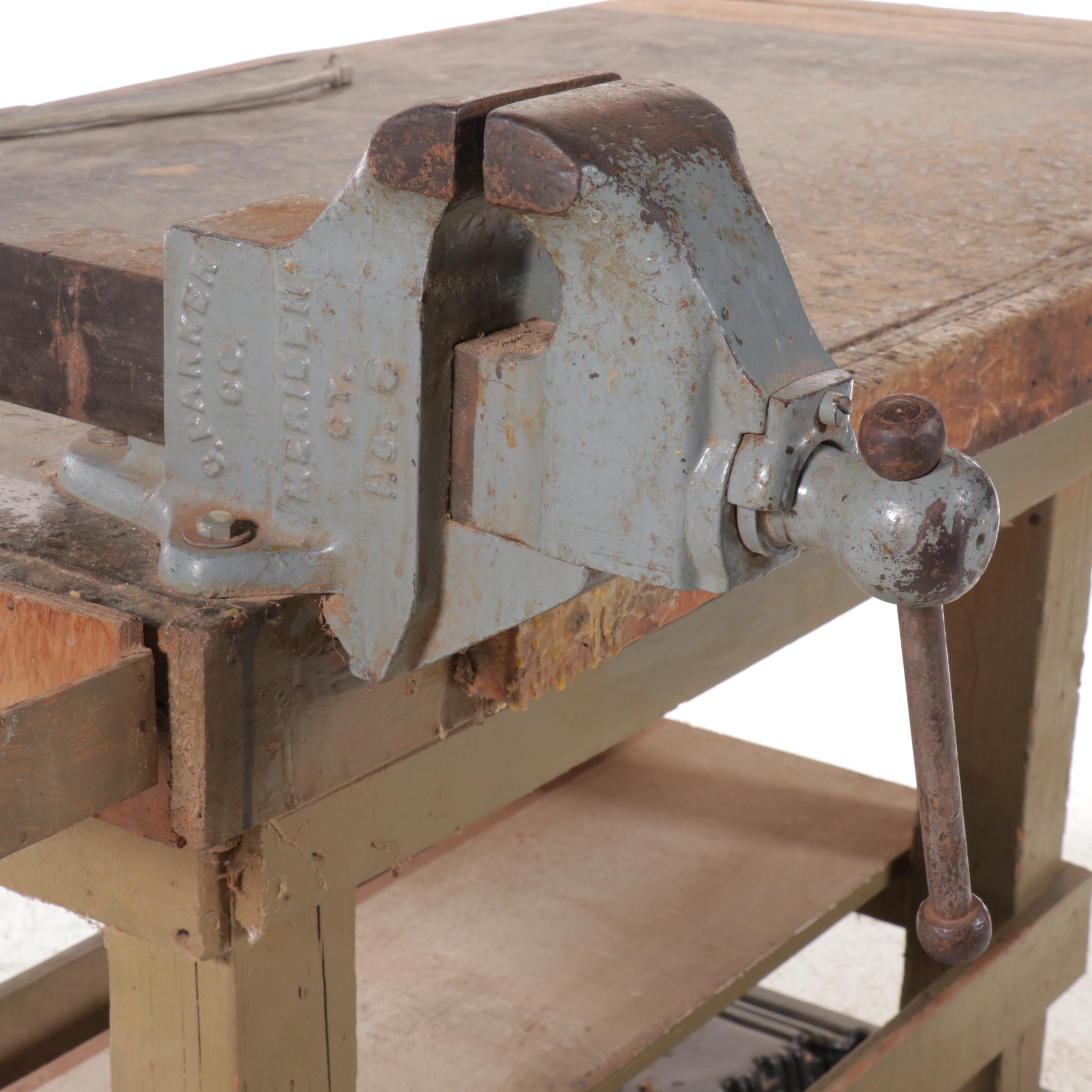 Vintage Wooden Work Table with O. Parker Co. Bench Vise