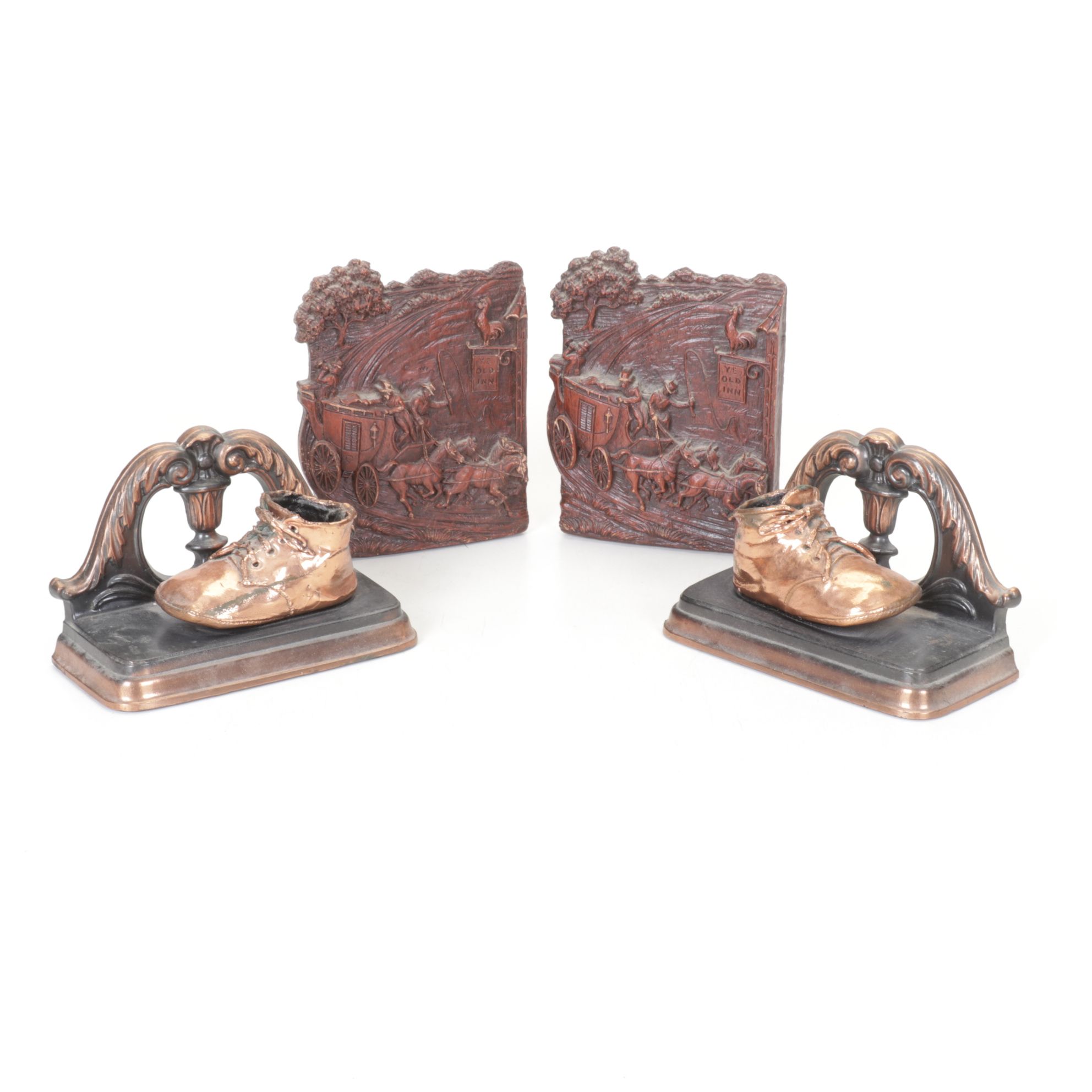 Copper Coated Baby Shoes & Wood Relief Bookends