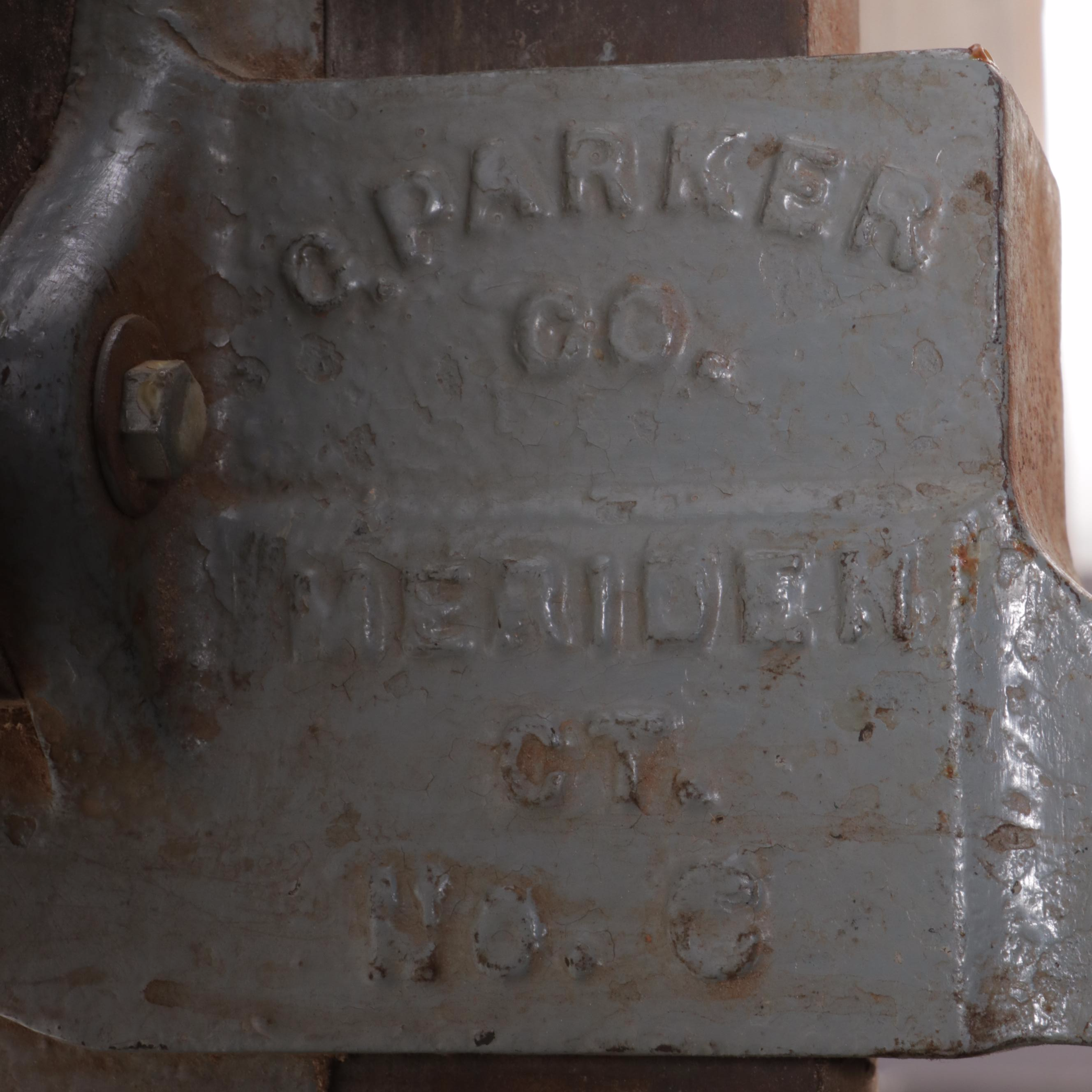 Vintage Wooden Work Table with O. Parker Co. Bench Vise
