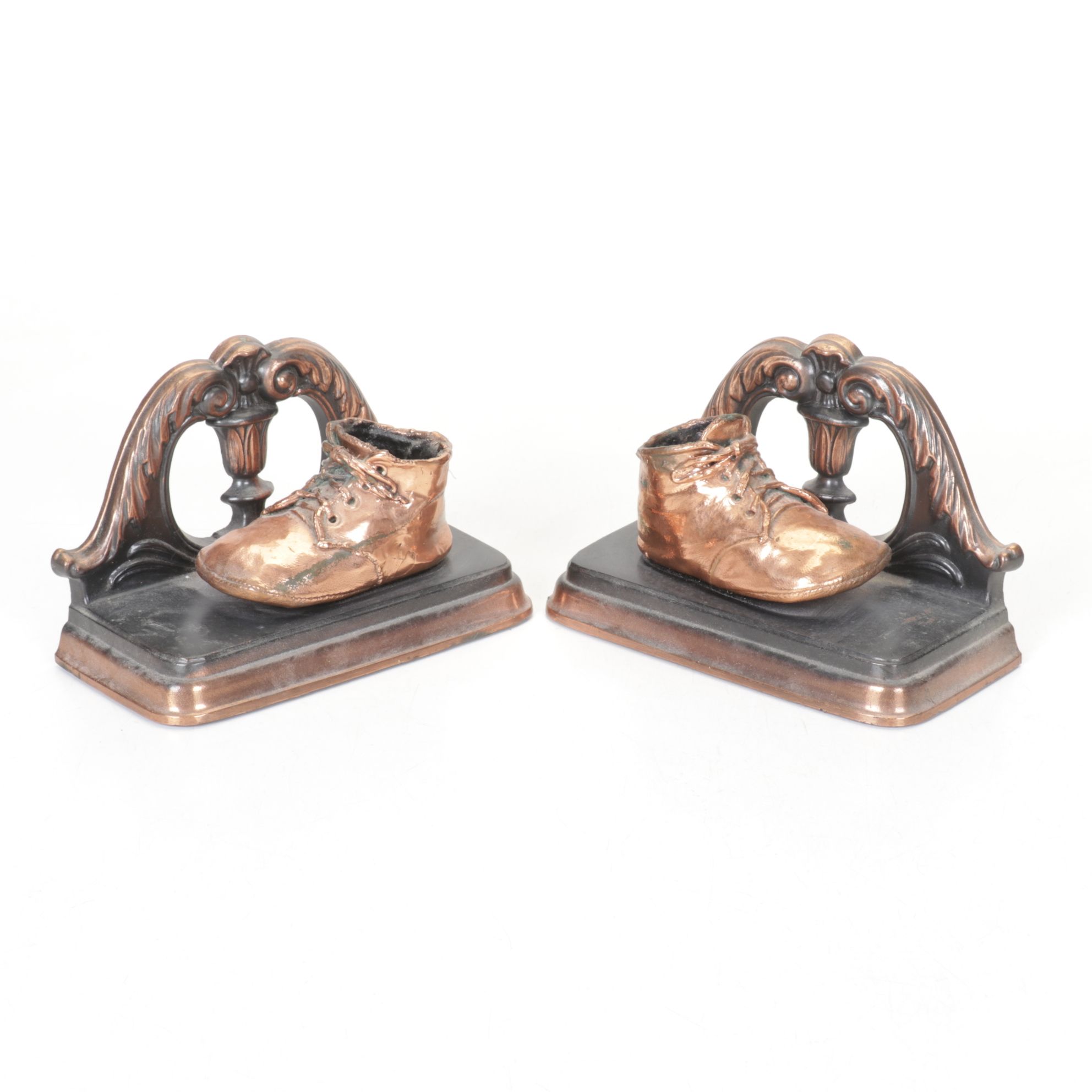 Copper Coated Baby Shoes & Wood Relief Bookends