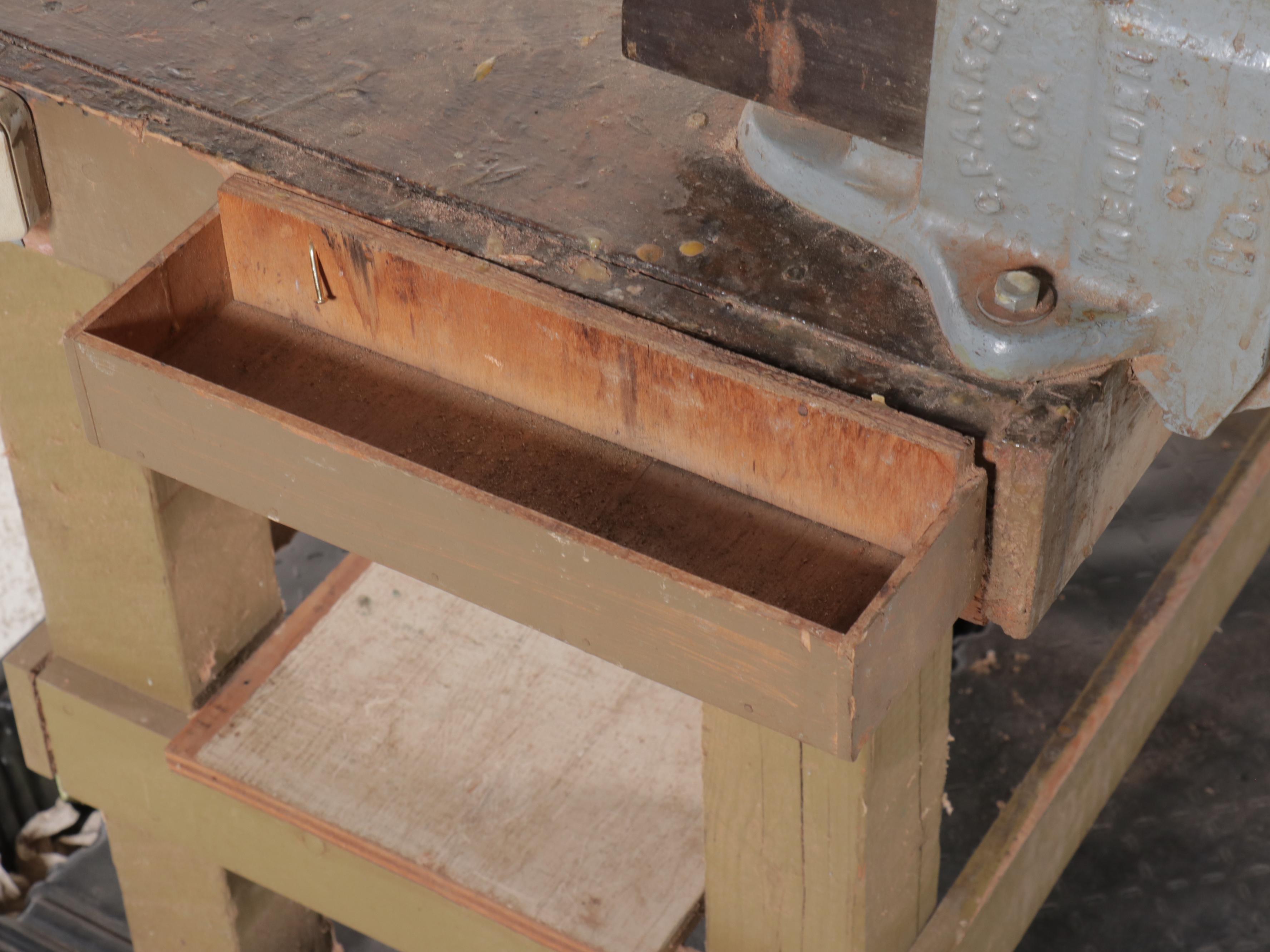 Vintage Wooden Work Table with O. Parker Co. Bench Vise