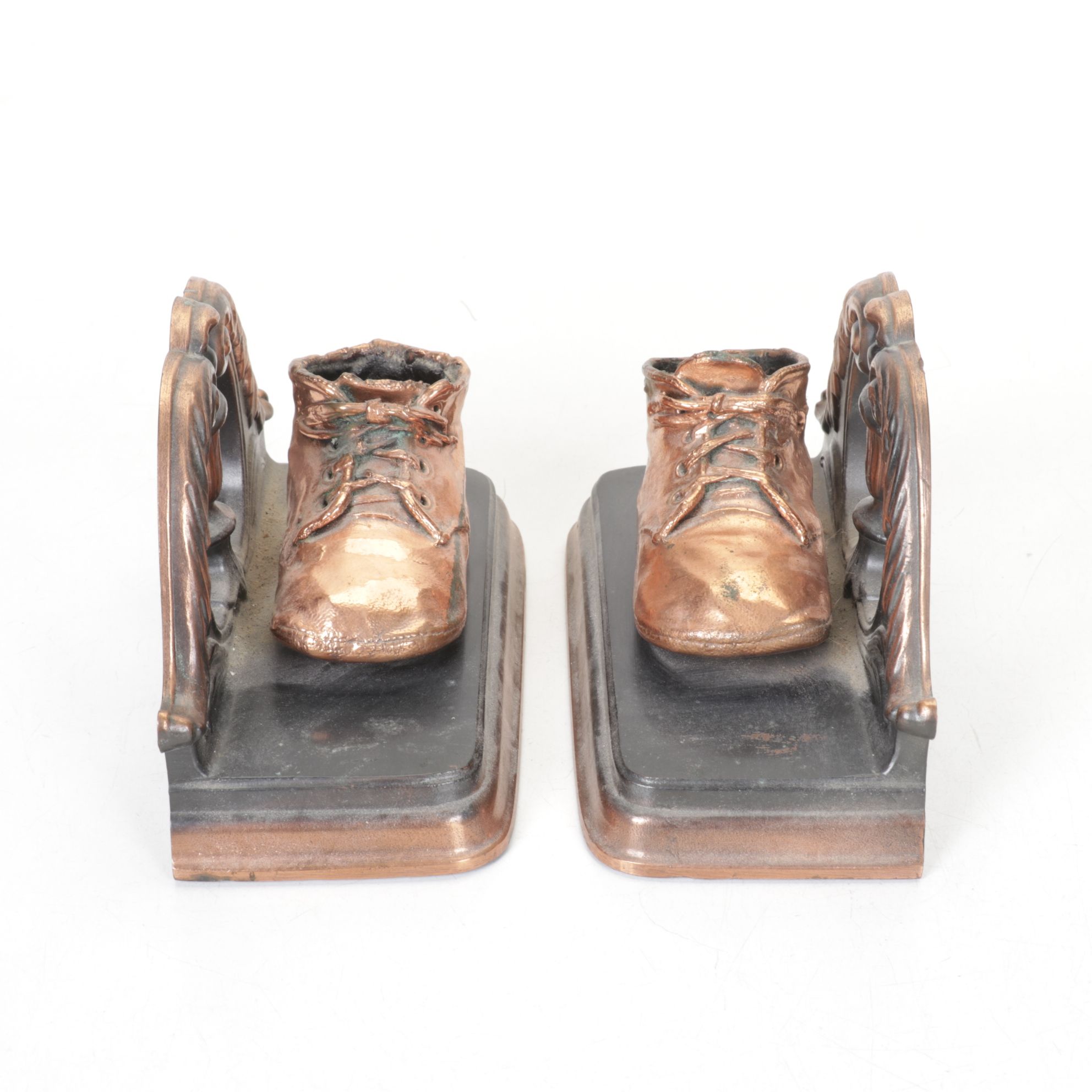 Copper Coated Baby Shoes & Wood Relief Bookends