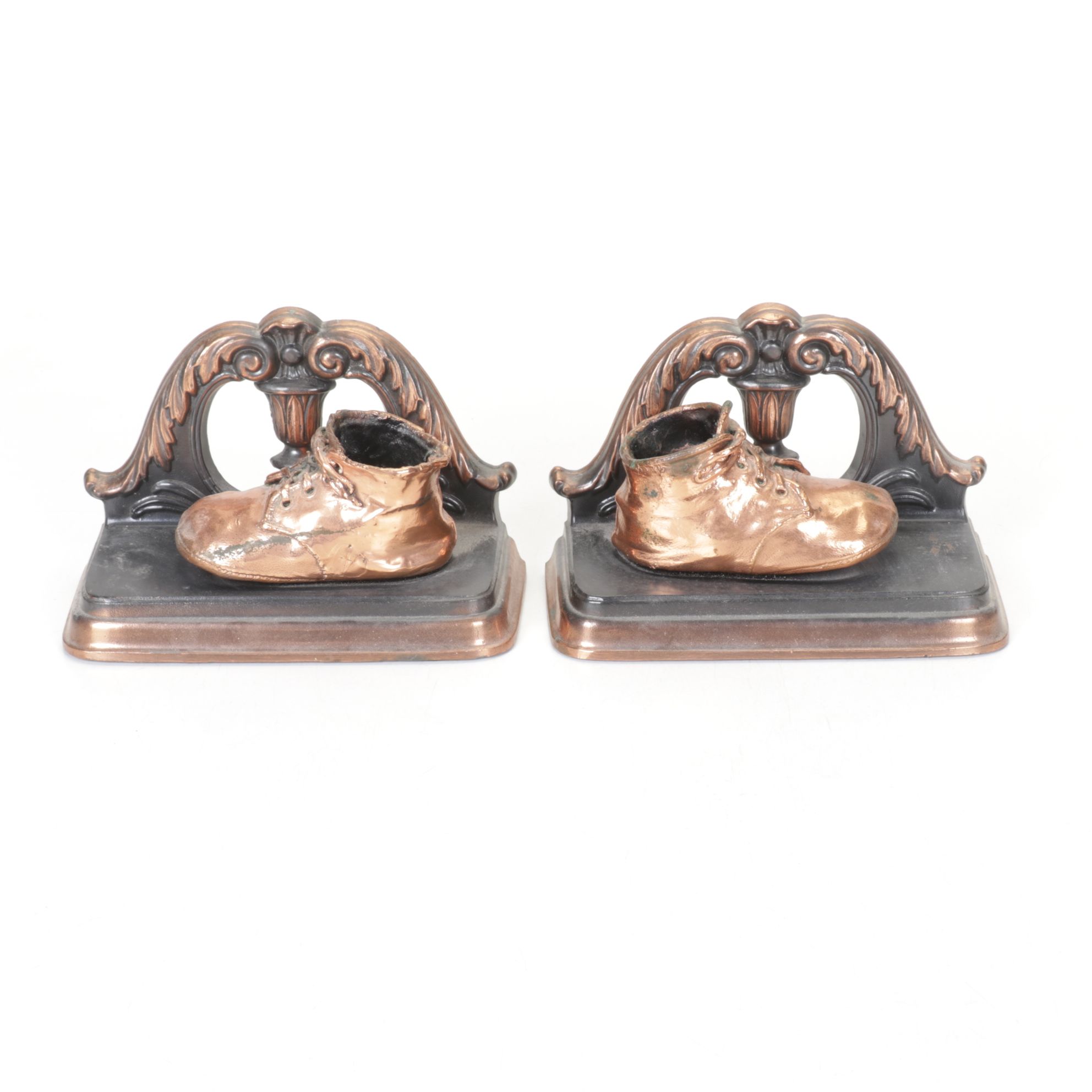 Copper Coated Baby Shoes & Wood Relief Bookends