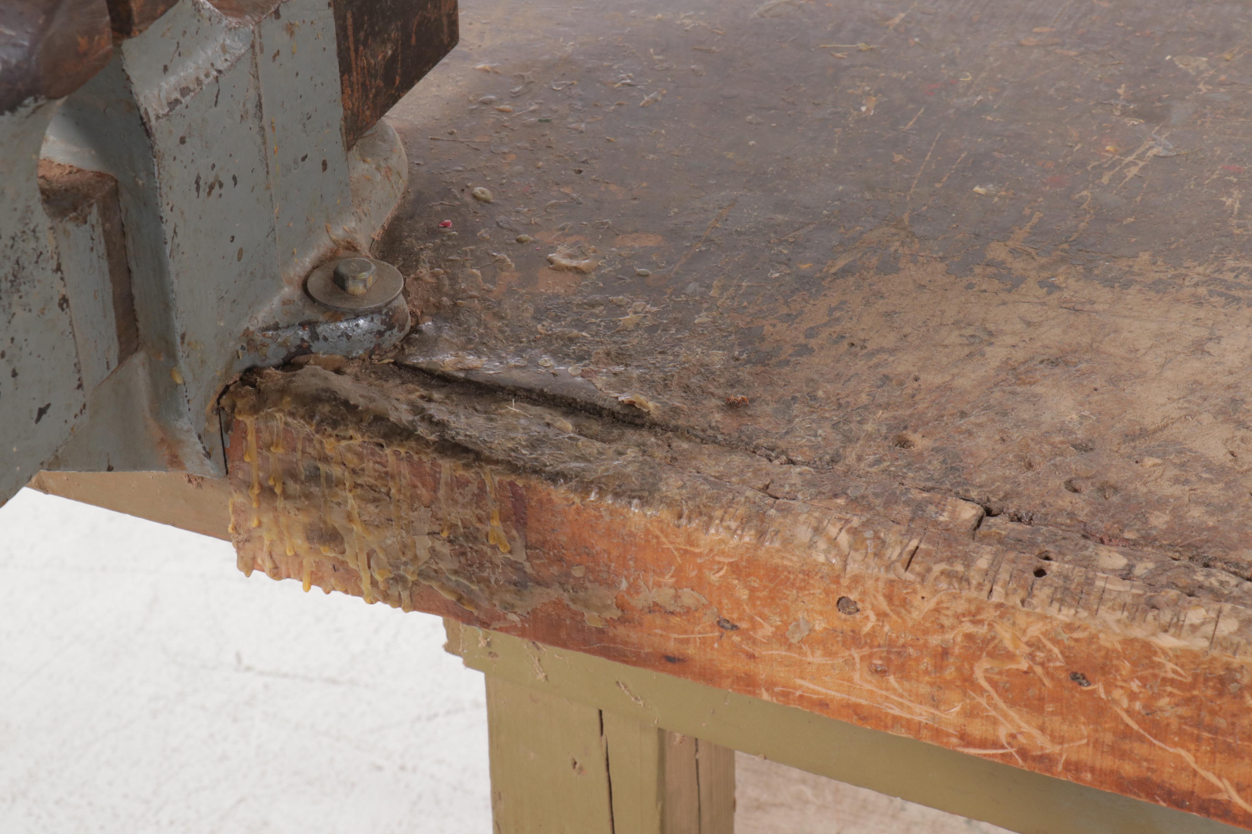 Vintage Wooden Work Table with O. Parker Co. Bench Vise
