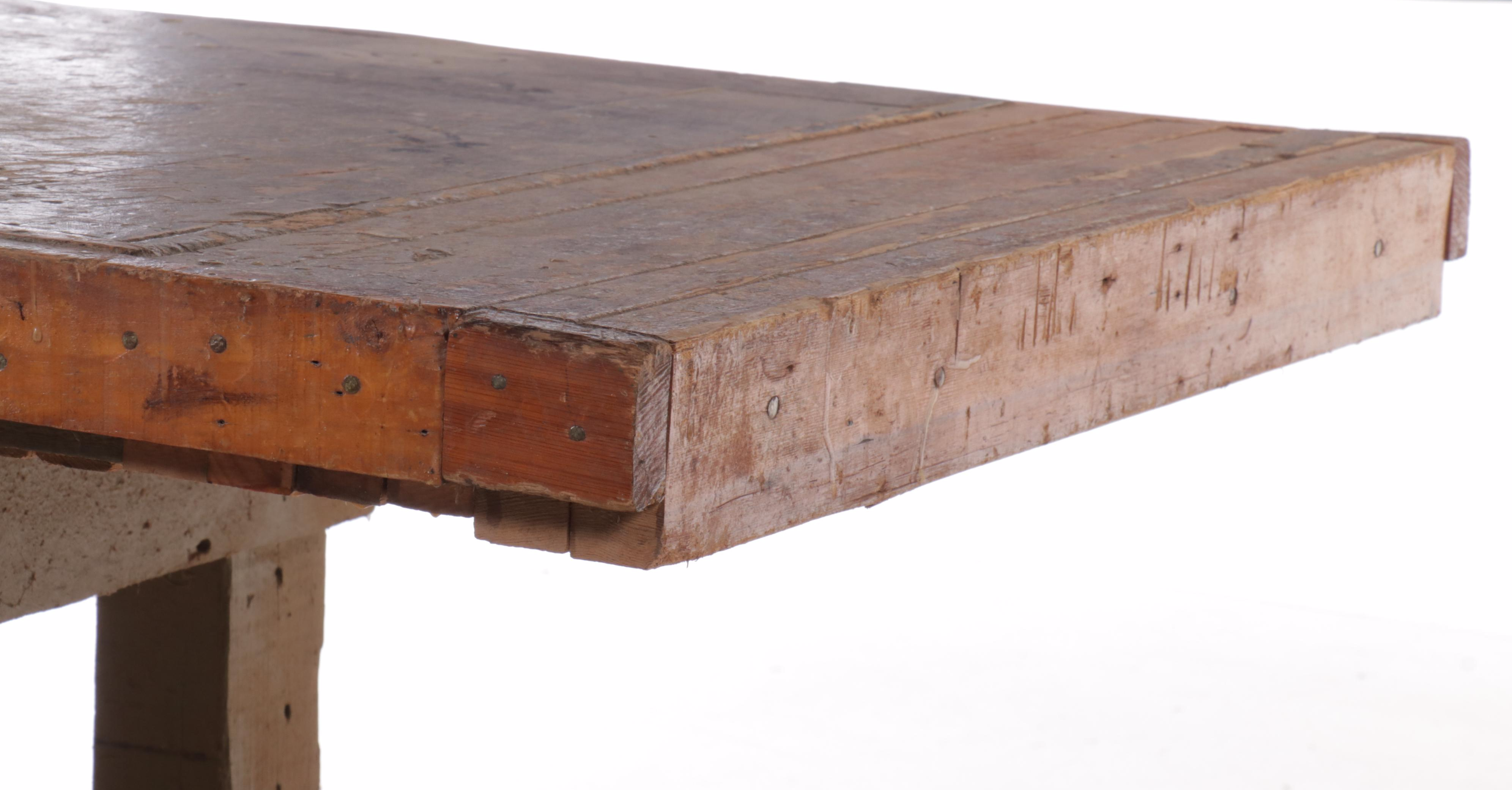 Vintage Wooden Work Table with O. Parker Co. Bench Vise