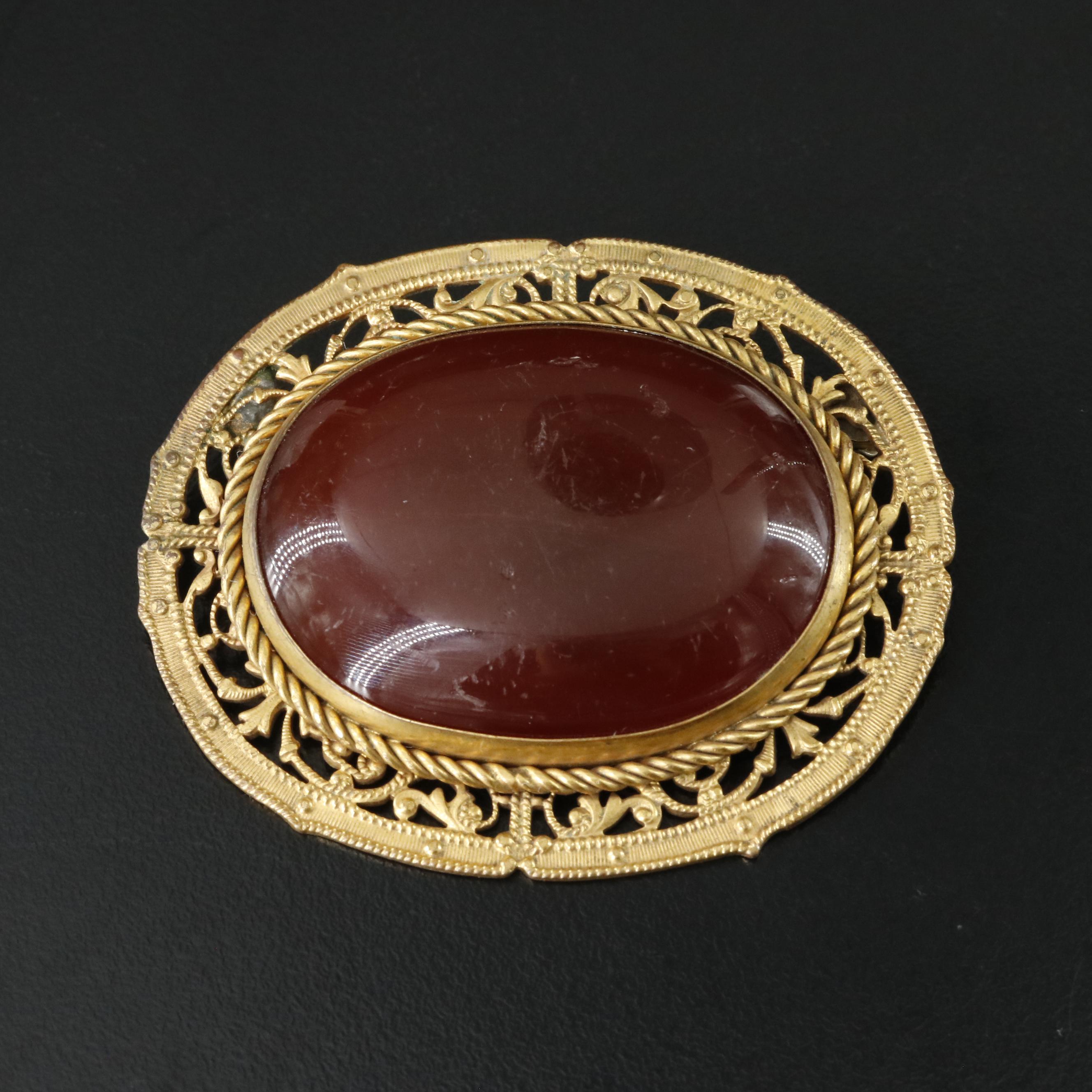 1930s Brass Faux Gemstone Brooch