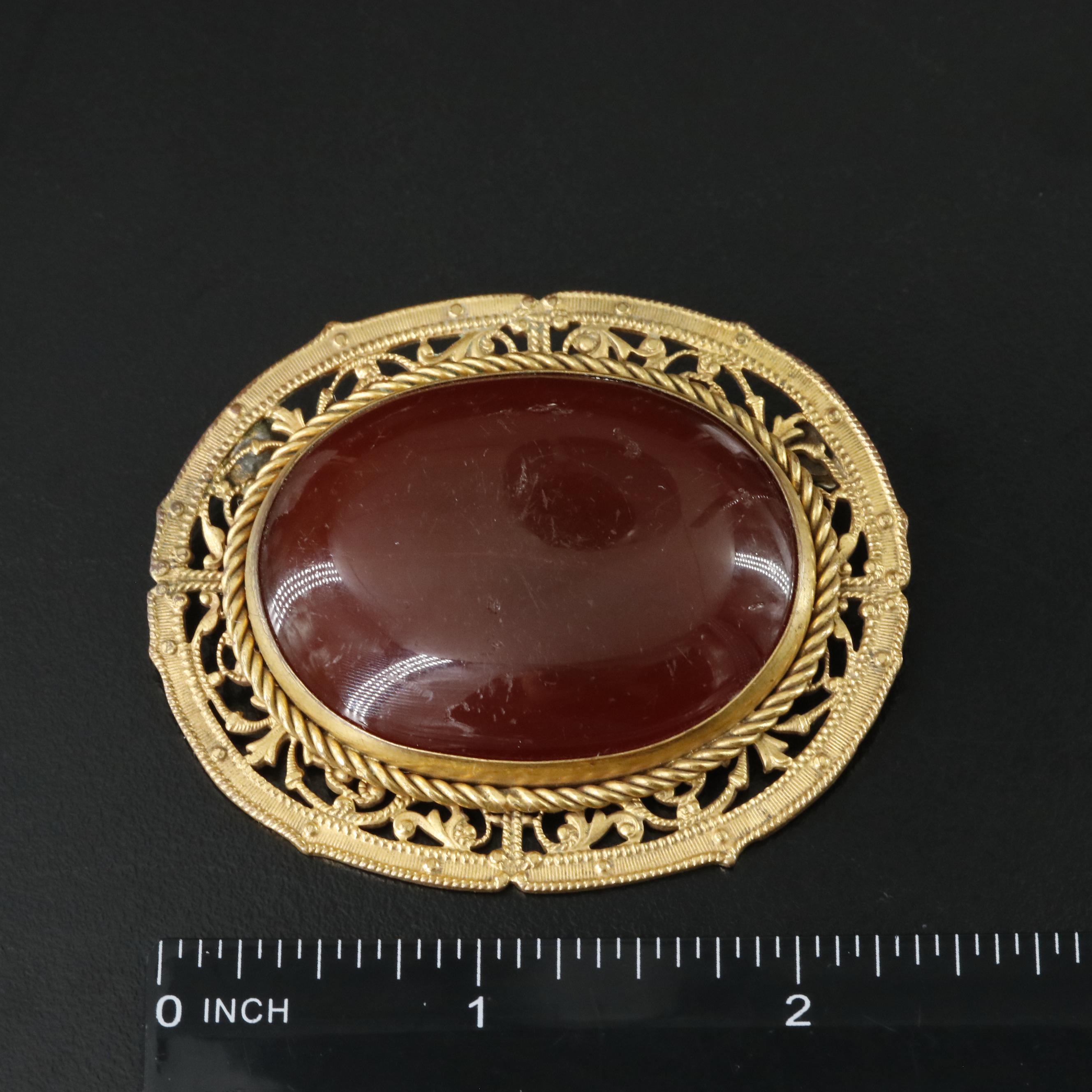 1930s Brass Faux Gemstone Brooch