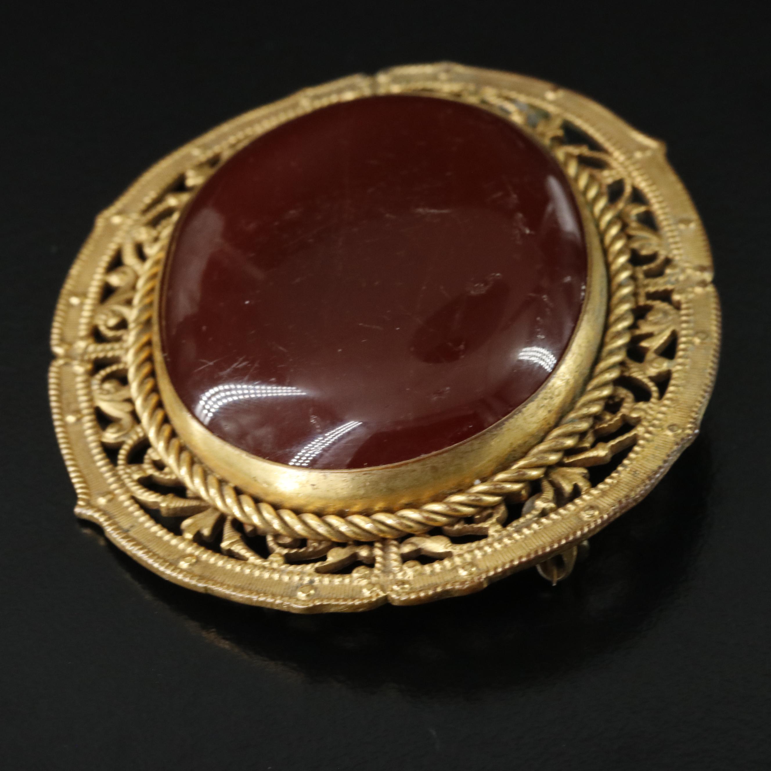 1930s Brass Faux Gemstone Brooch