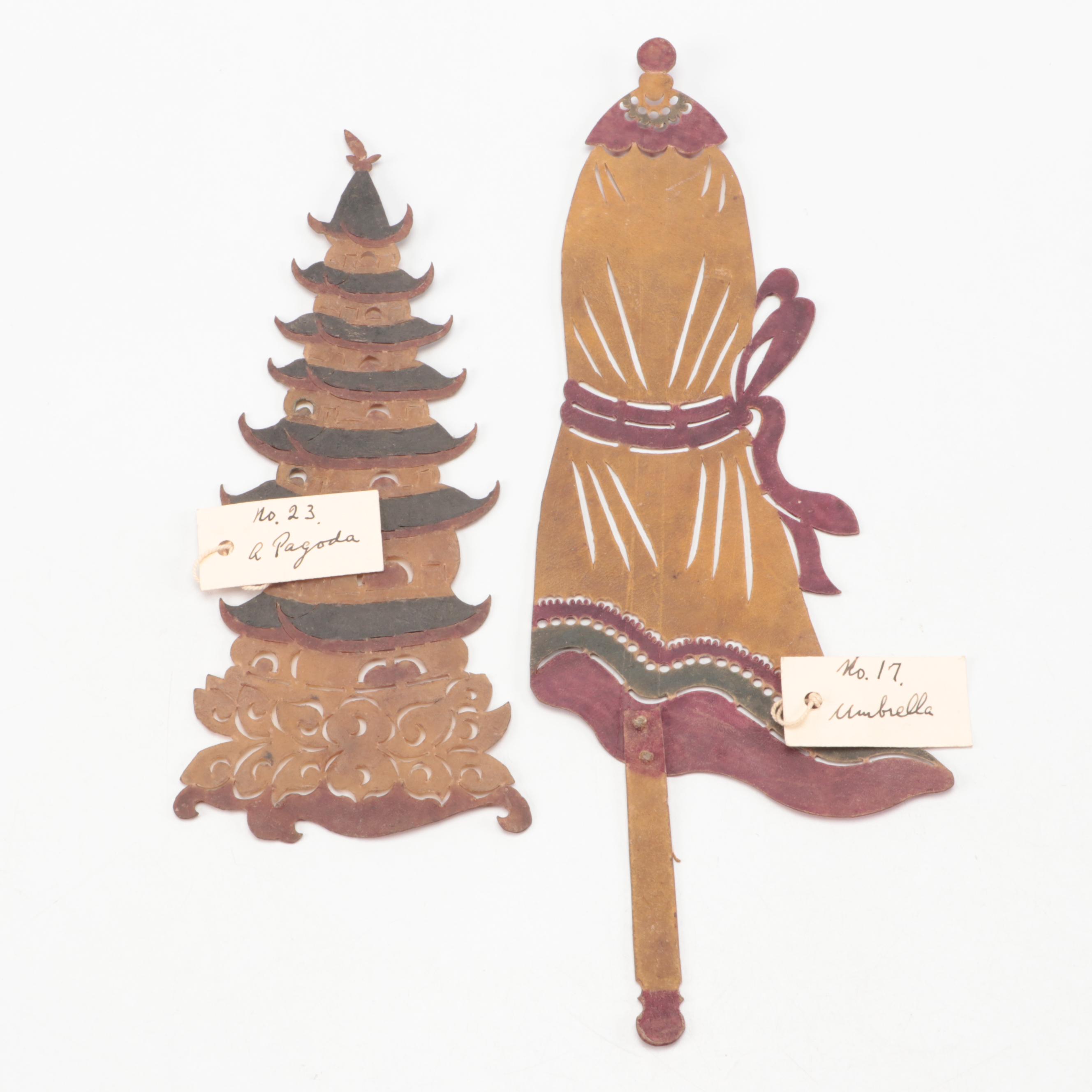 Chinese Pagoda and Umbrella Vellum Chinese Shadow Puppet Accessories, Circa 1870